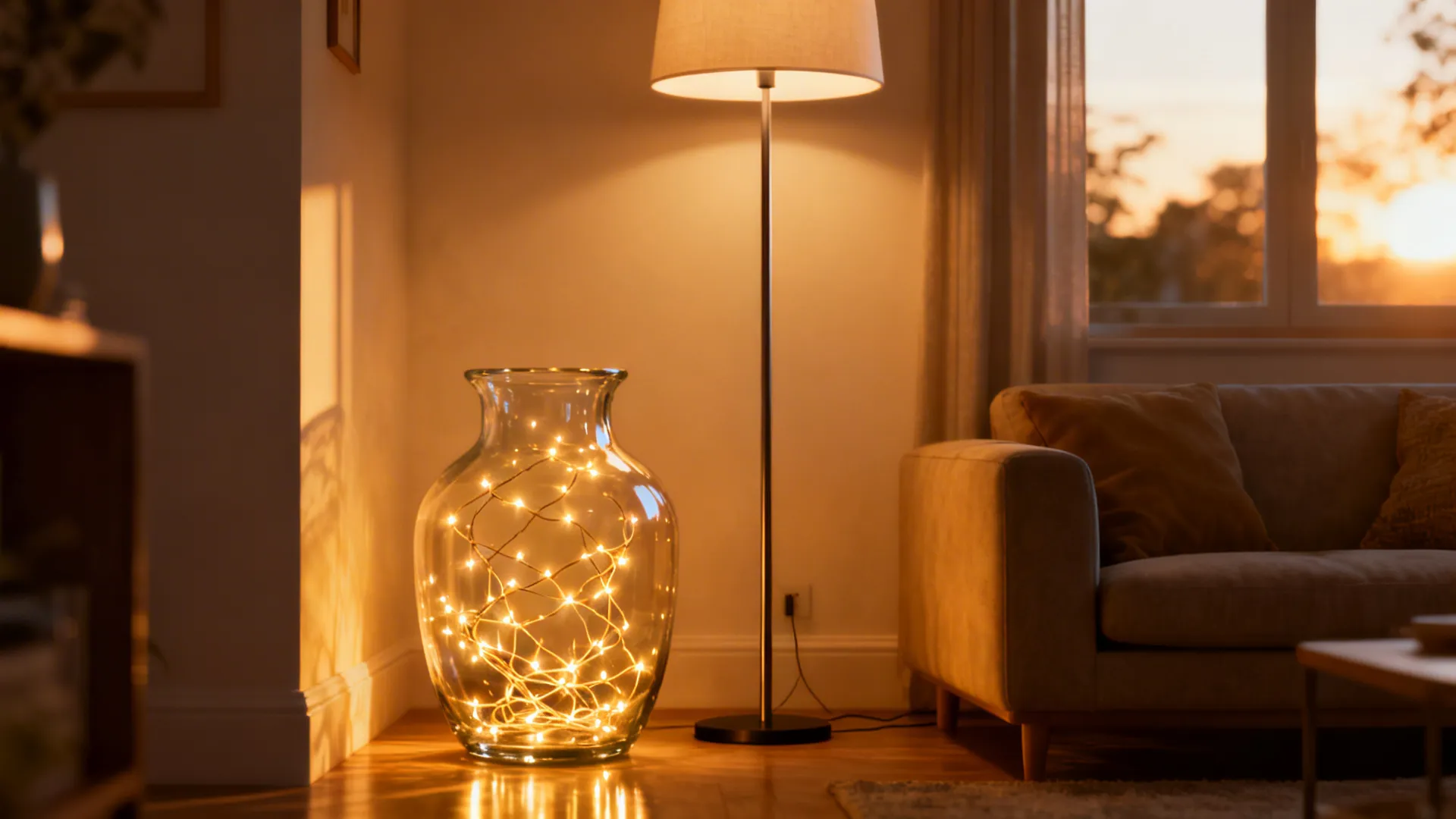 Translucent glass vase lit internally with warm LED lights to create a cozy glow in a small room.