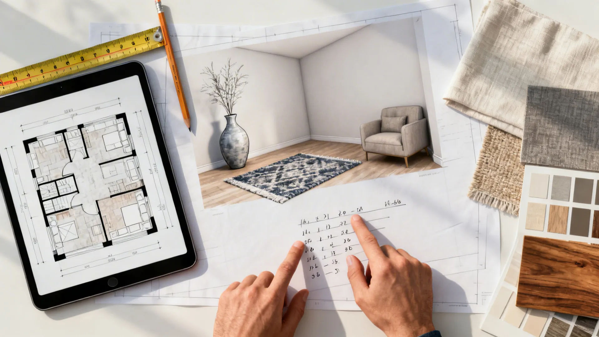 Top-down view of a 3D floorplan mockup, measuring tape and material swatches for planning vase placement.