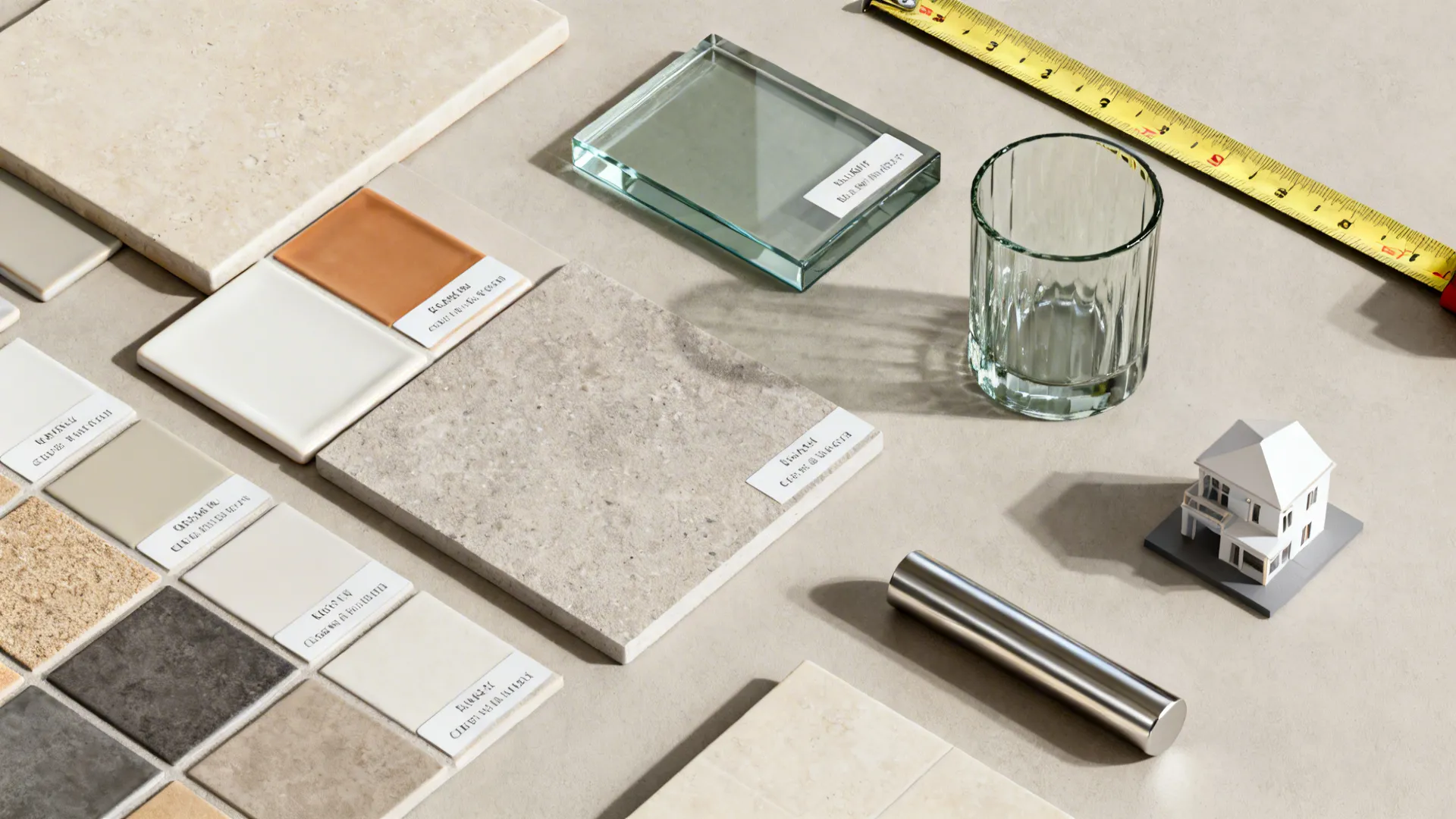 Top-down flatlay of vase material samples and scale references for choosing the right vase.