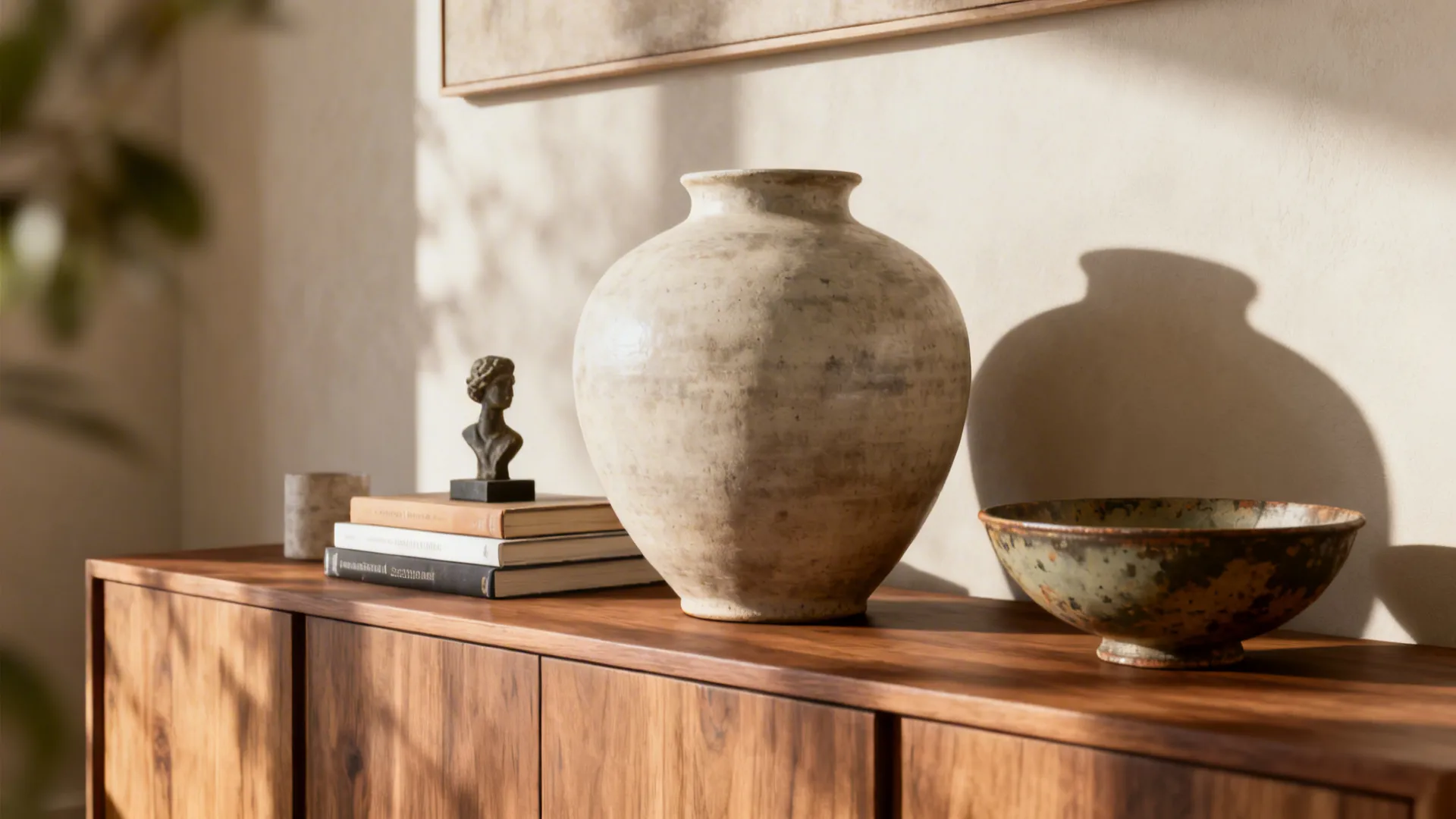 Curated console vignette with a large vase, books, sculpture, and bowl creating a cohesive entry display.