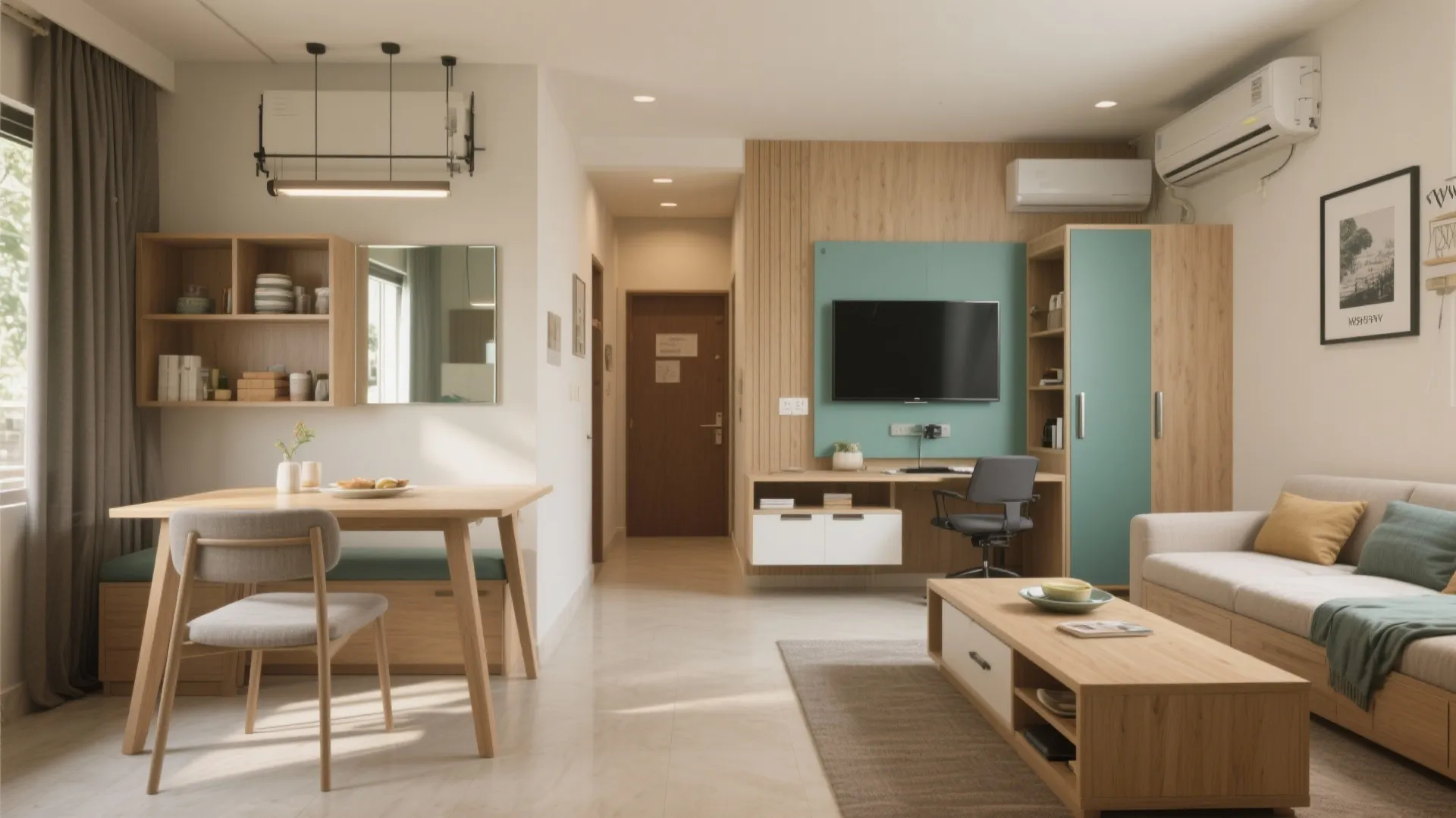 2) Living–Dining That Works Hard: Fold-Down, Slide-In, Stow-Away