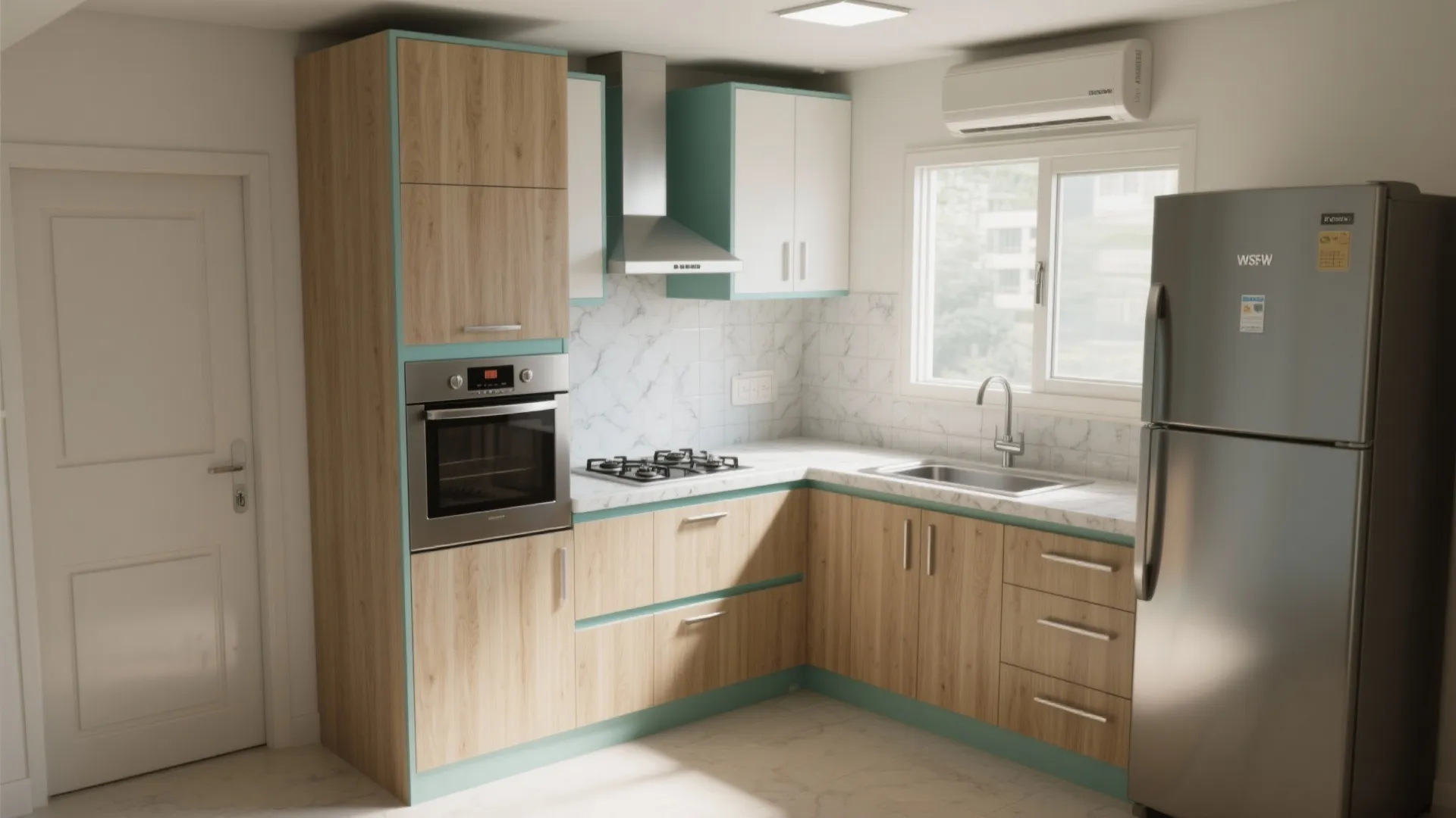 1) Modular L-shaped Kitchen with Tall Storage and Easy Ventilation