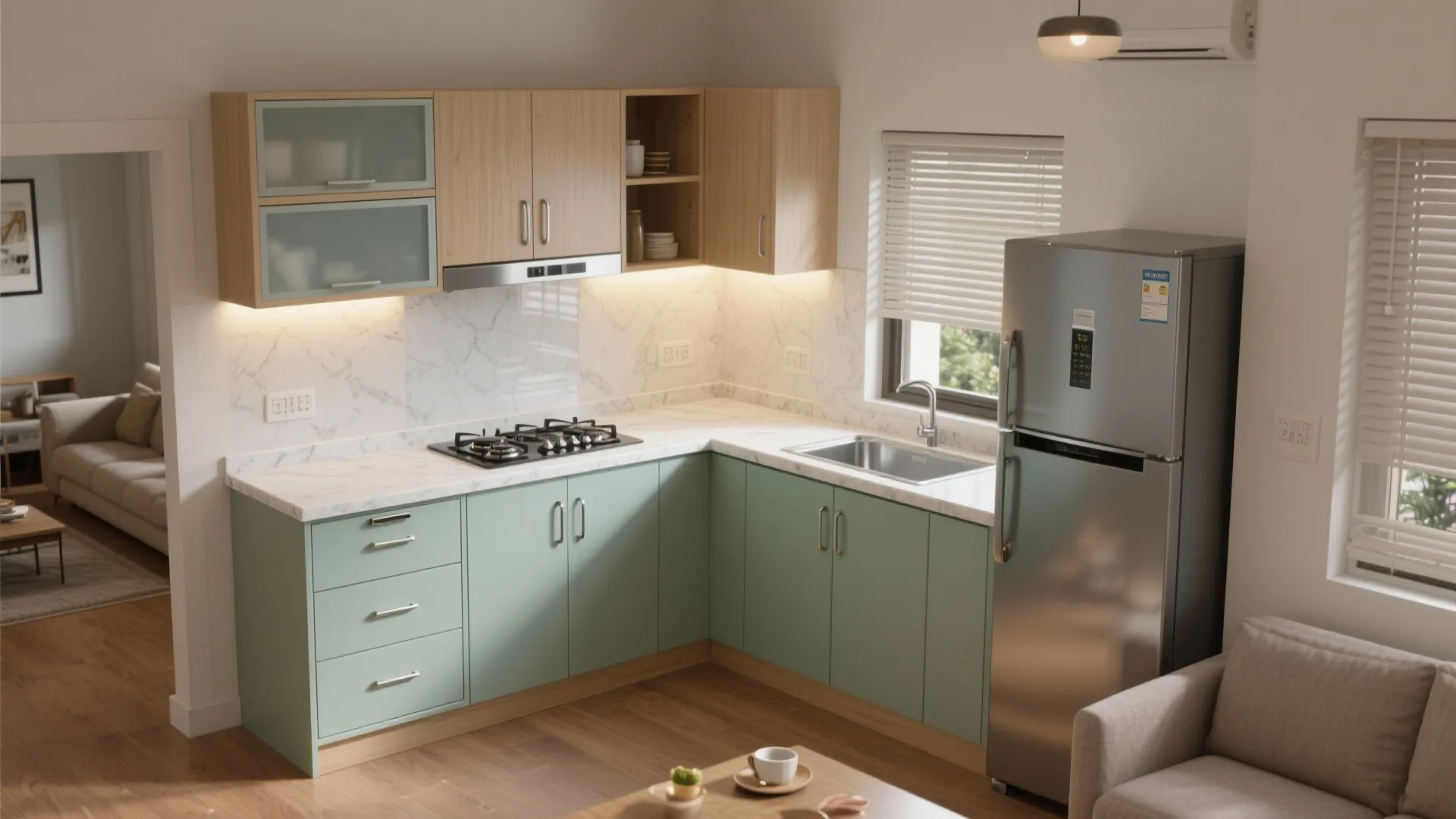 Open L-Shaped Kitchen With Pocket Storage
