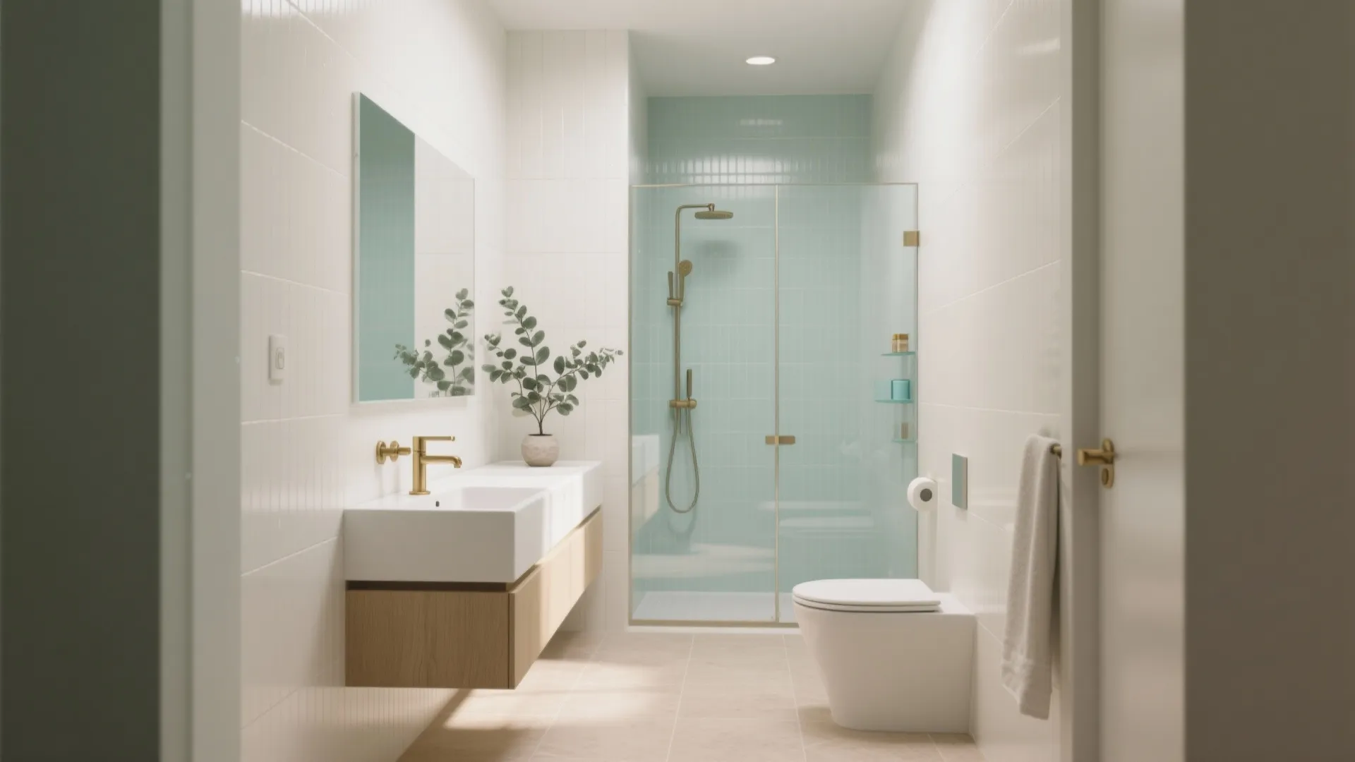 Modern bathroom with white walls light blue shower tiles wooden cabinet gold tap and white toilet