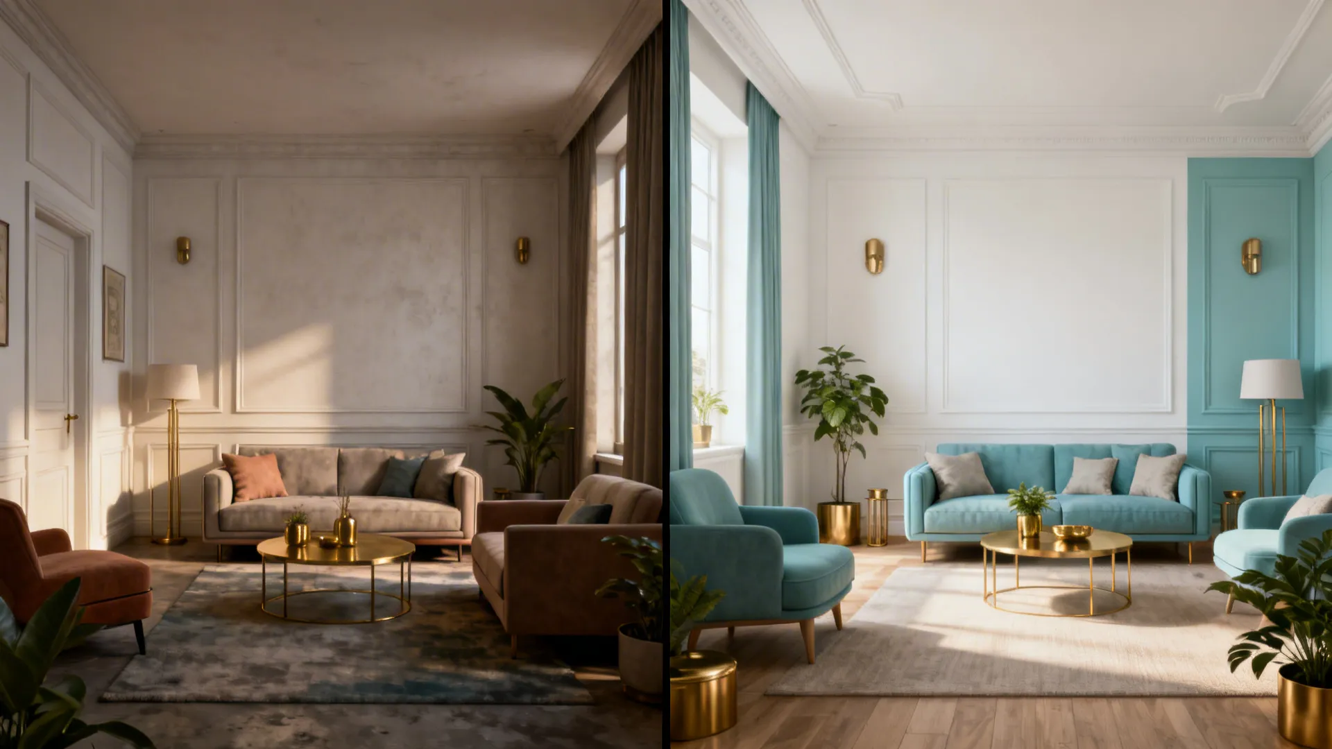 Before and after comparison of a living room with dark tones versus bright blue furniture