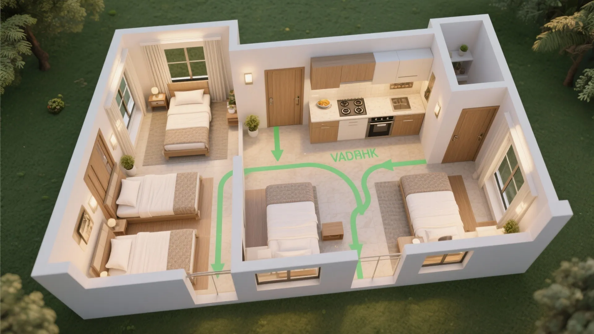 Three dimensional interior design drawing showing a small apartment layout with green arrows for movement