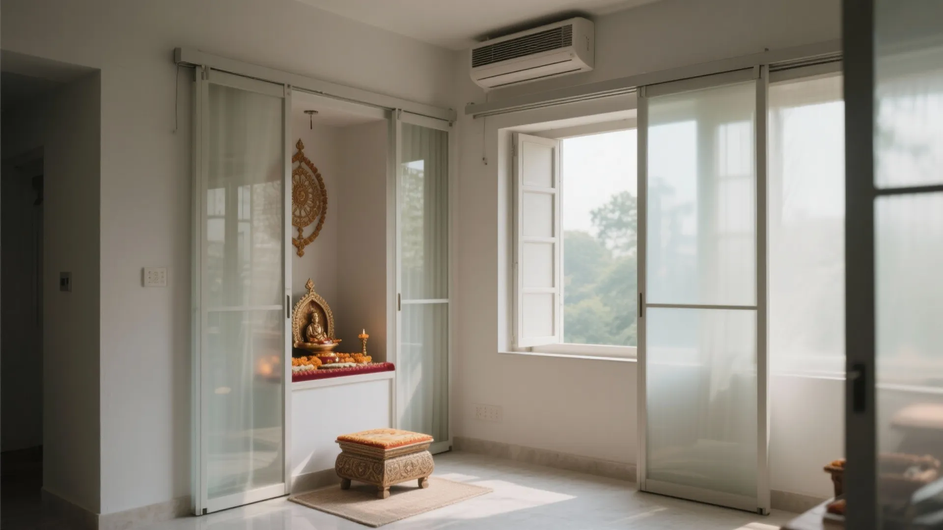 Northeast pooja corner with translucent sliding screens and soft daylight ventilation.