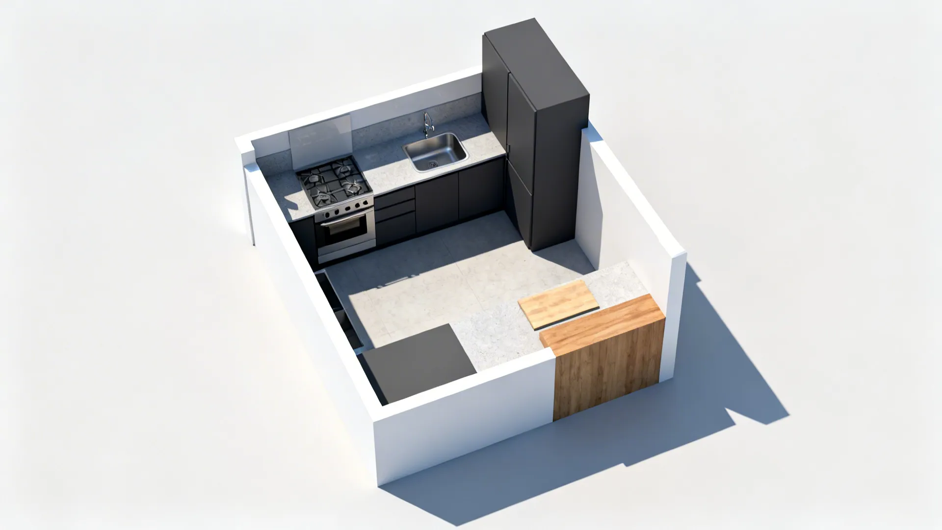 Top-down plan showing directional zoning for cooking, washing, storage, and prep in a compact kitchen.