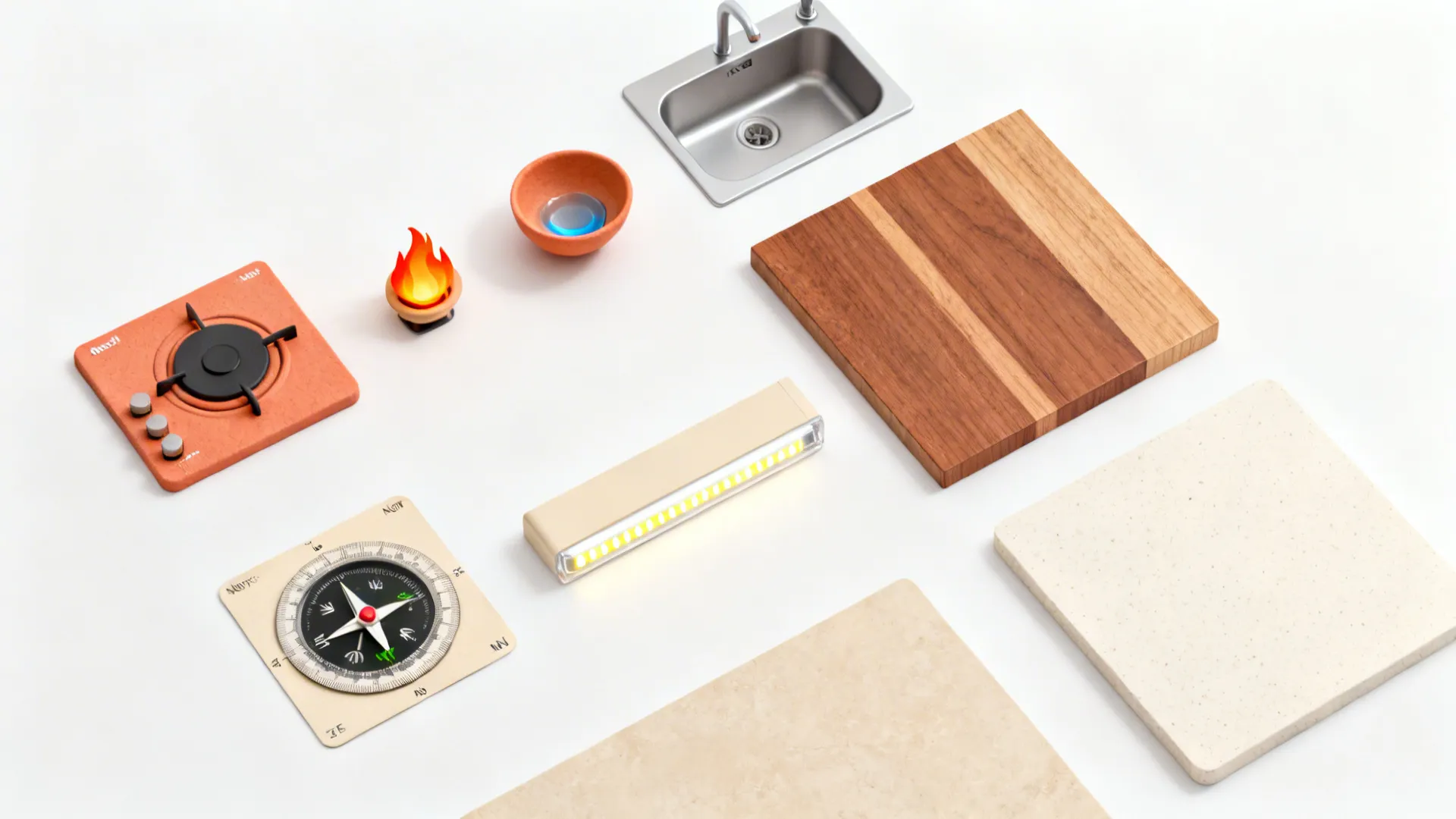 Kitchen design flatlay including sink stove burner compass wood board and two natural stone tiles