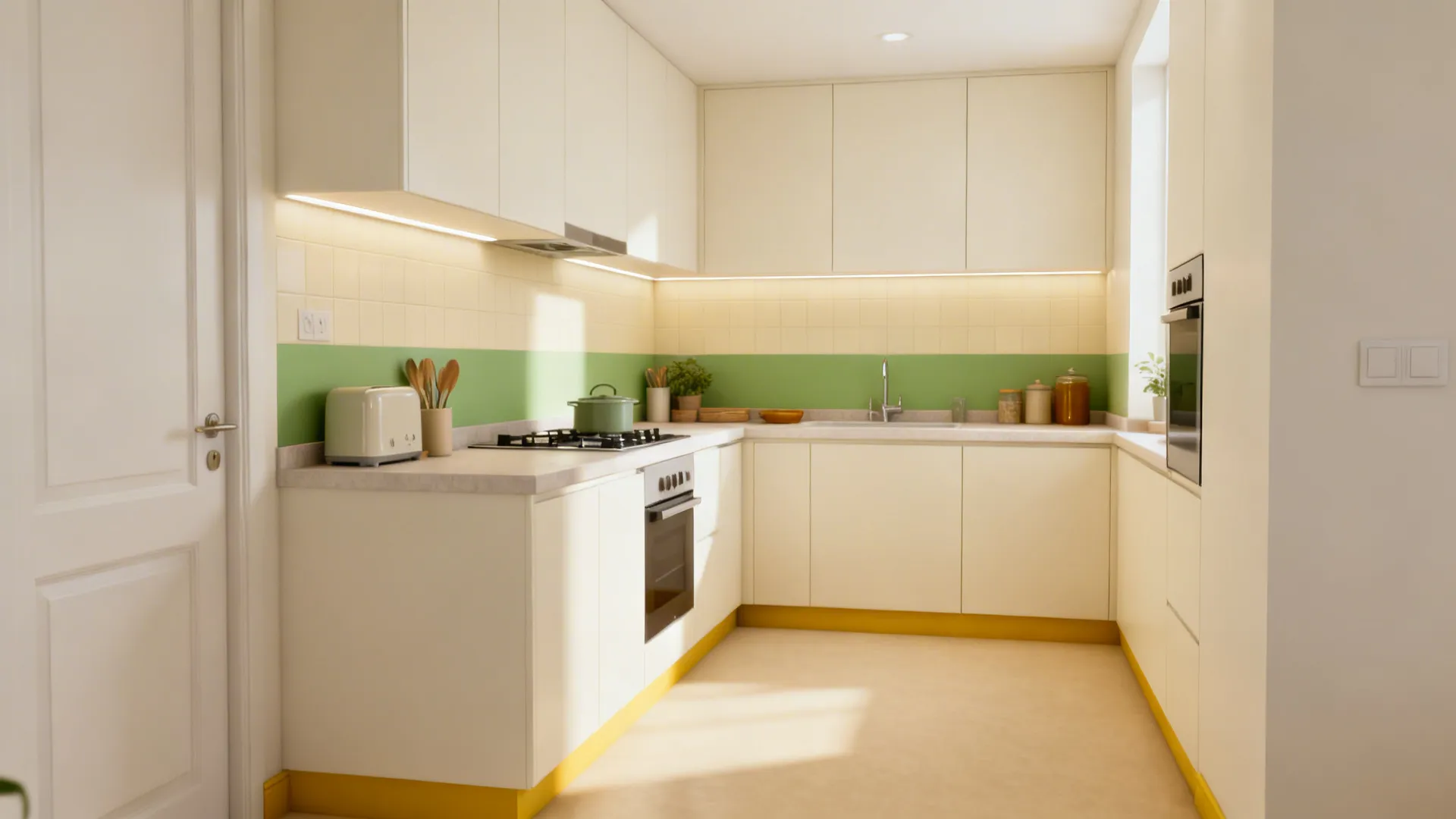 Compact kitchen overview with off-whites, soft green accents, beige floors, and subtle yellow details.