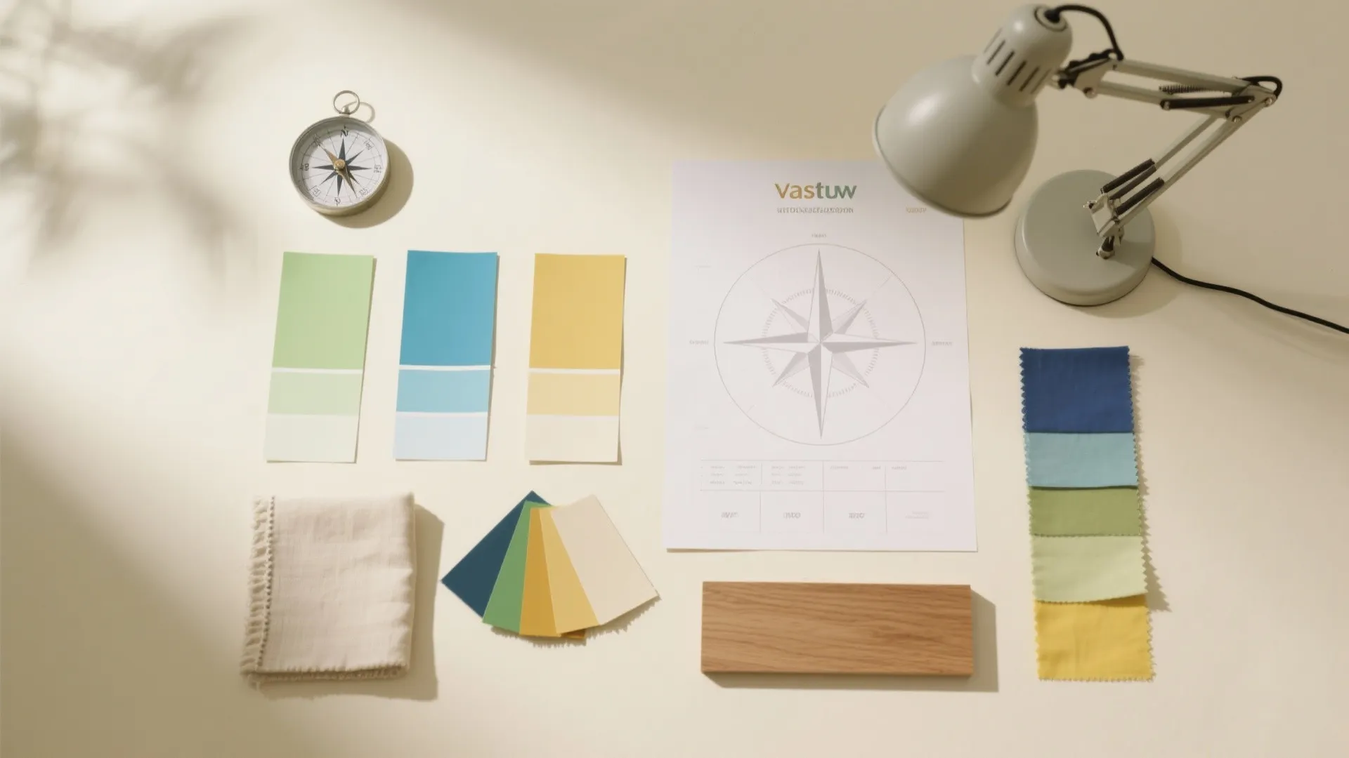Interior design materials including color swatches fabric samples wood block compass desk lamp and paper plan