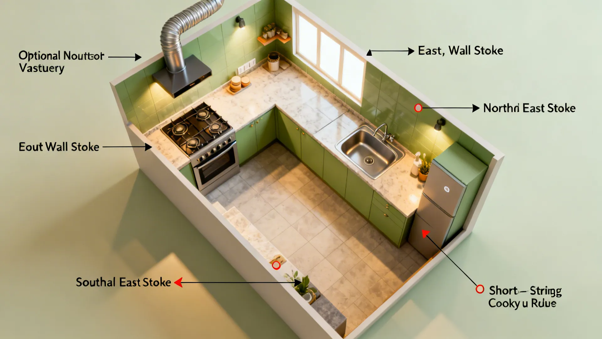 Top-down diagram showing Vastu-friendly stove and sink directions with east-facing stance