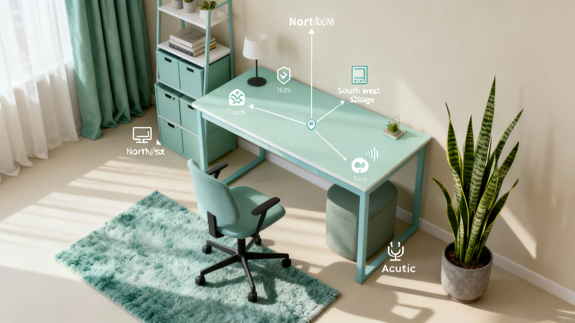 Top-down visual cues for Vastu-aligned study: desk orientation, storage, colors, lighting, acoustics, and plants.