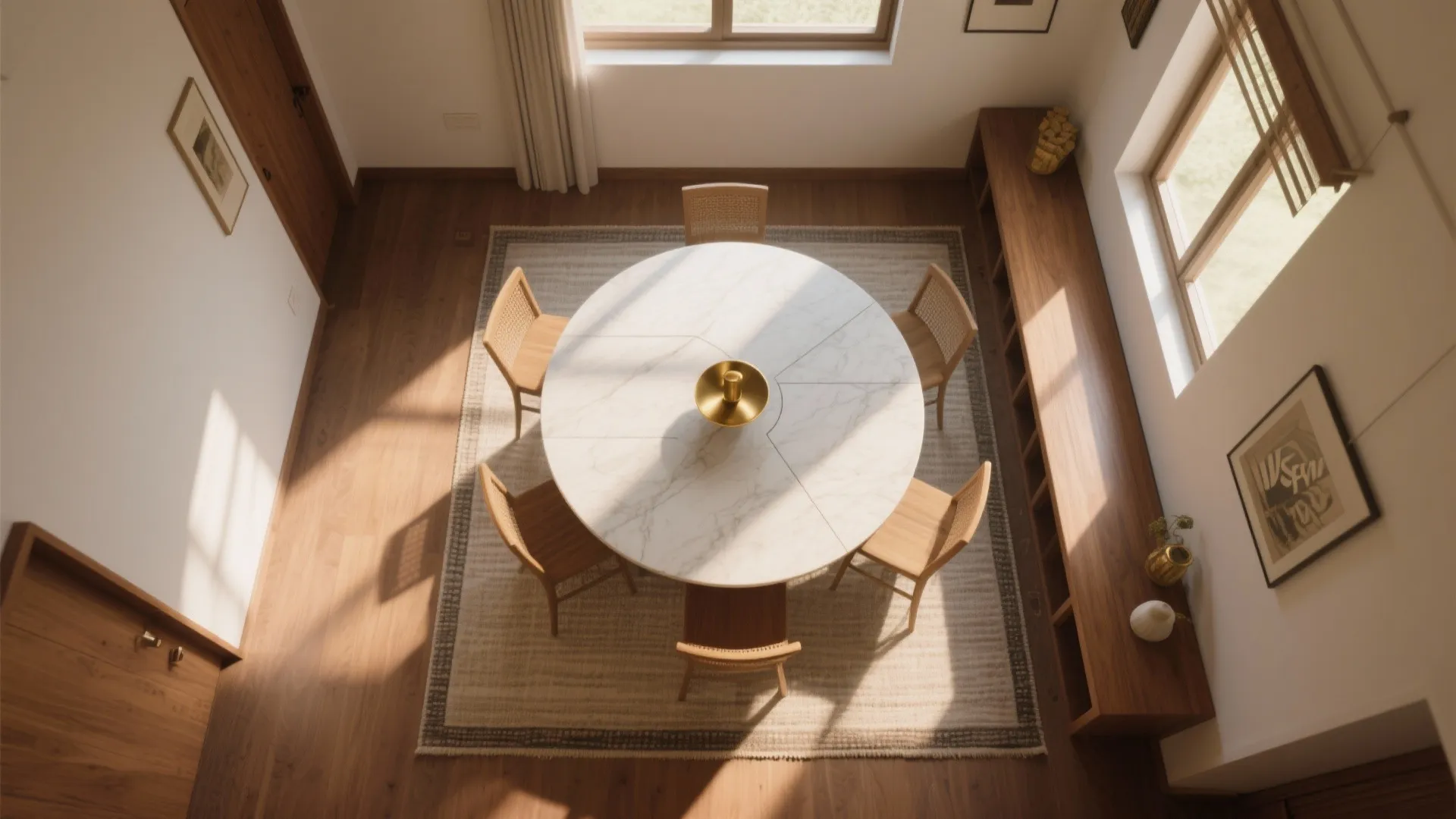 Top-down view of a dining layout with oval table, clear circulation, and light oriented from the east.