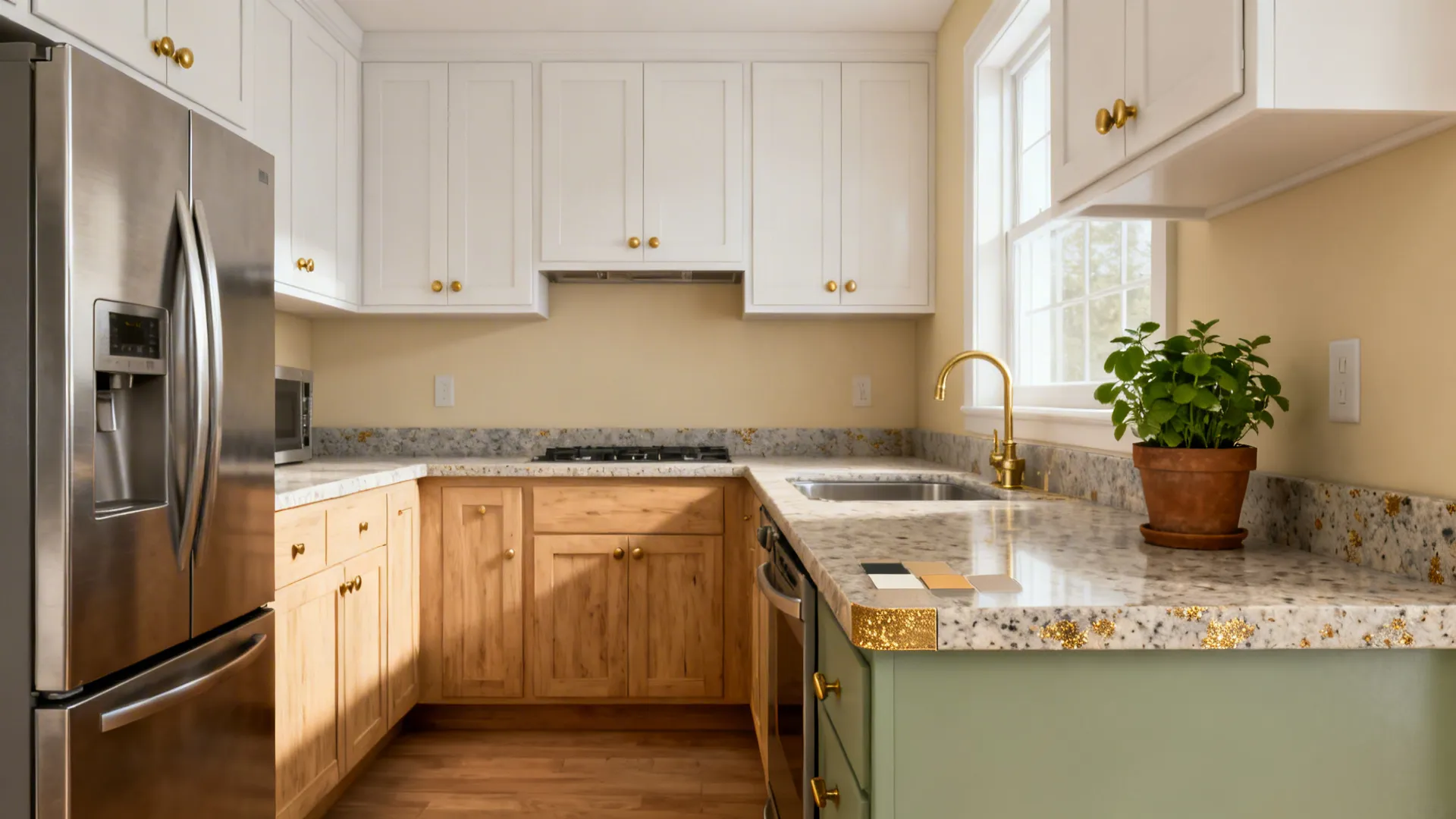 Kitchen with white upper cabinets wood lower cabinets stone countertop stainless steel fridge and gold faucet