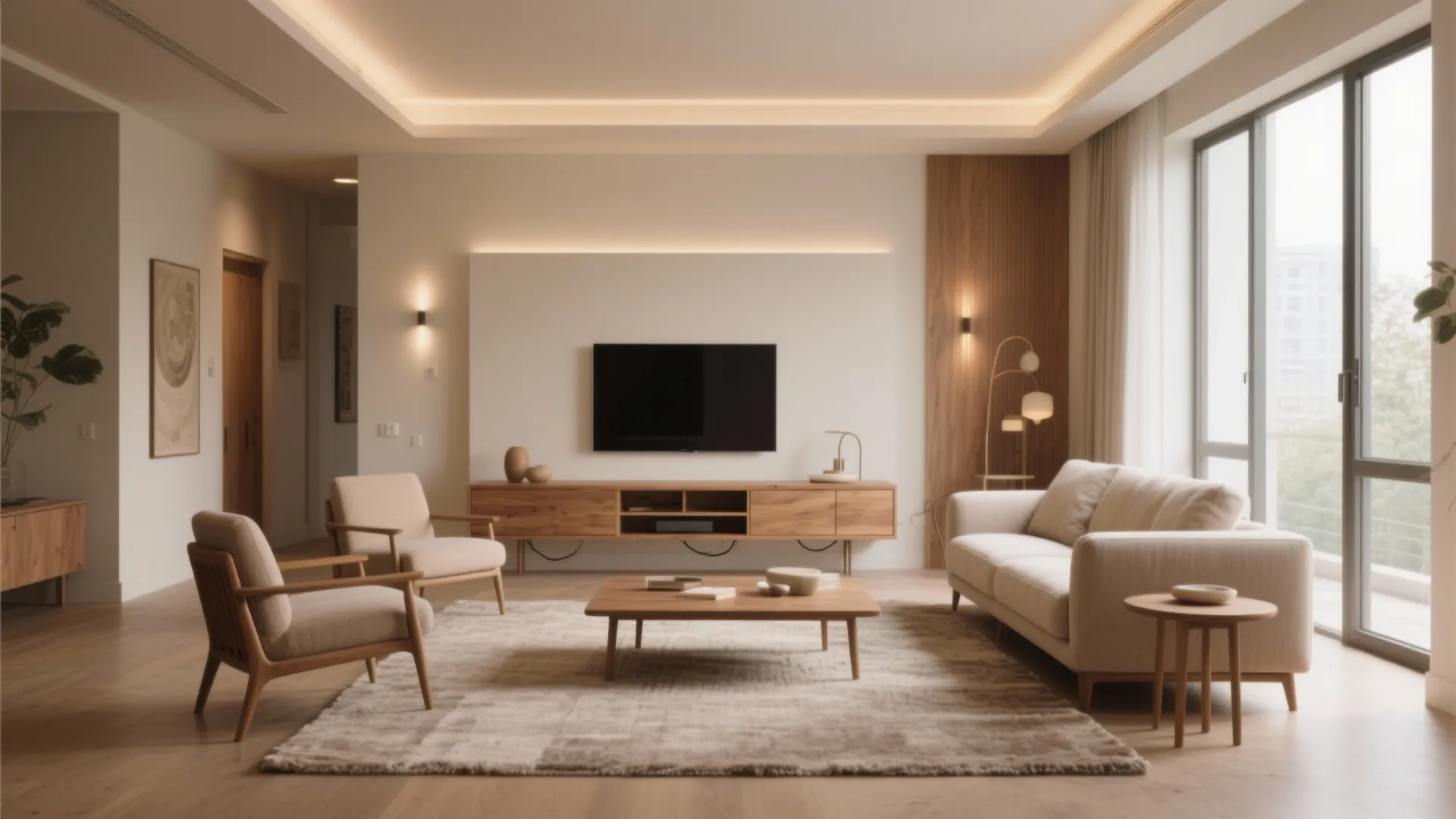 Minimalist living room with cream sofa wooden coffee table wall lights TV cabinet and windows