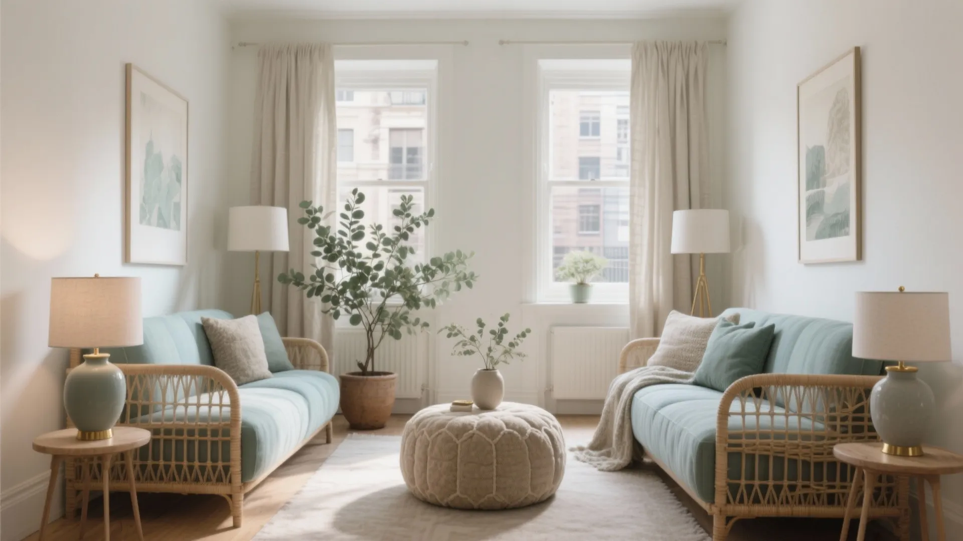 Bright living room with two blue rattan sofas plus a round beige footrest and green plant
