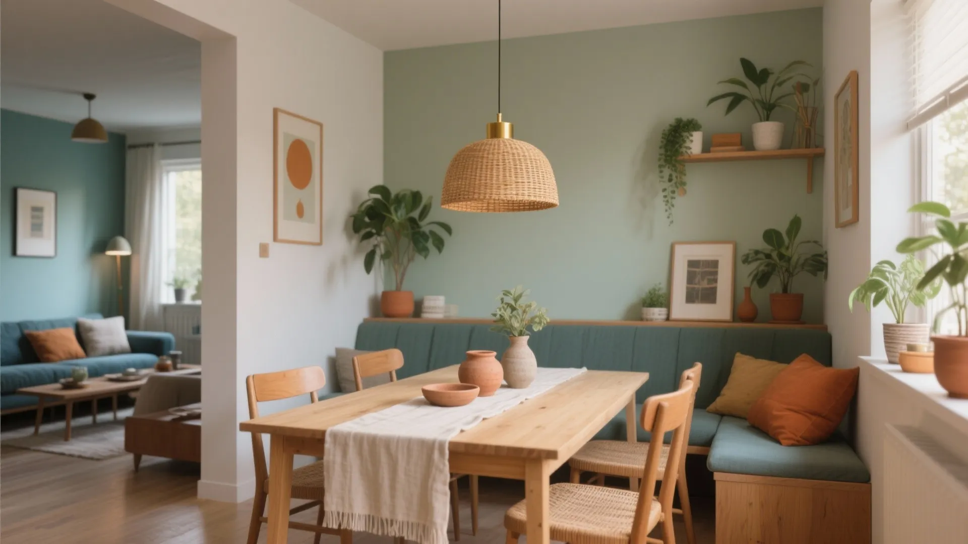 Modern dining area with corner bench seating wooden table woven chairs and green wall paint decor