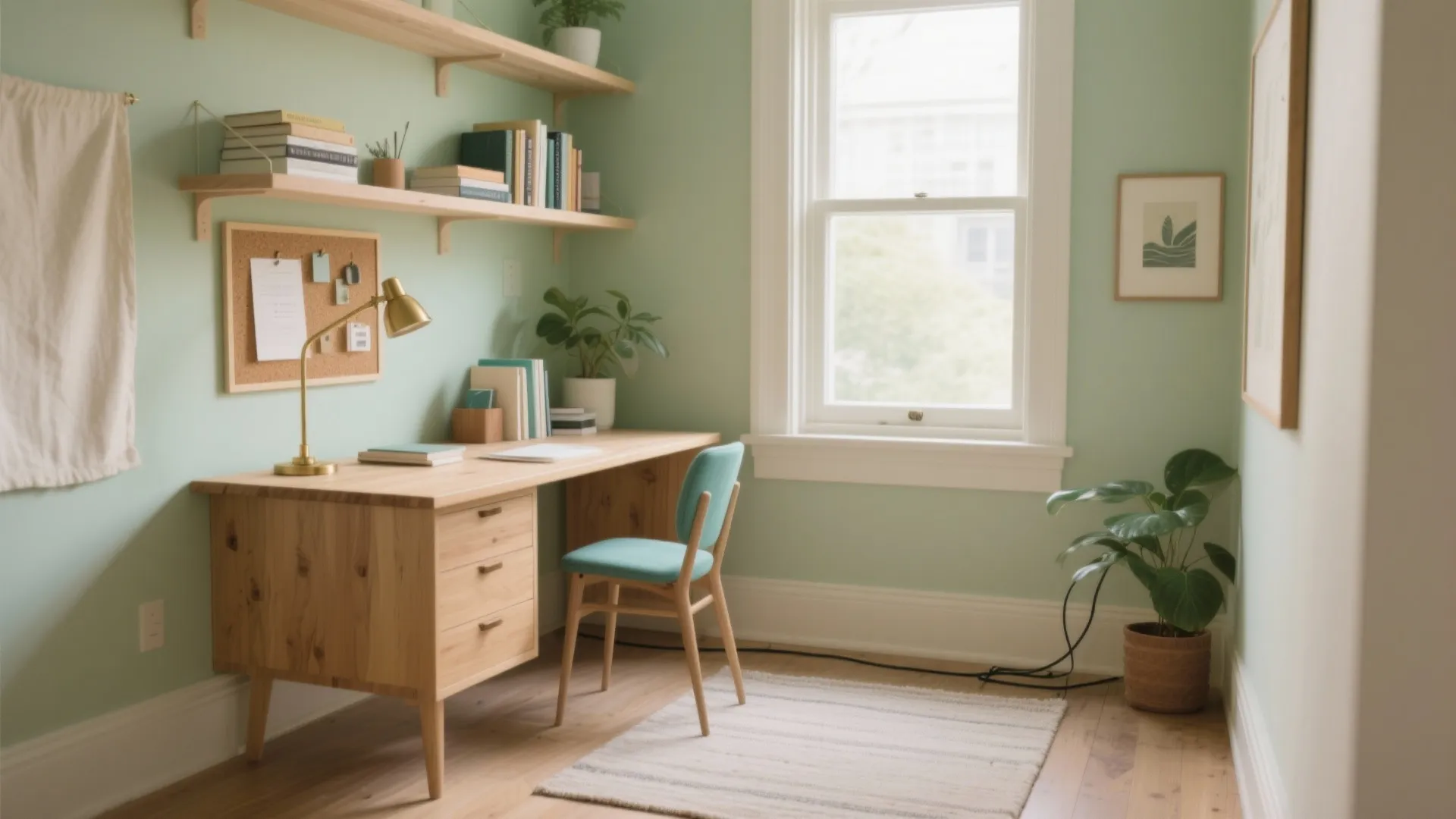 Light green home office with wooden desk blue chair wall shelves window and green plants
