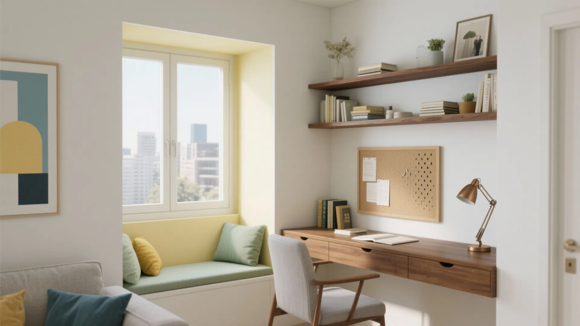 Modern home office with wooden desk grey chair wall shelves window seat and natural light