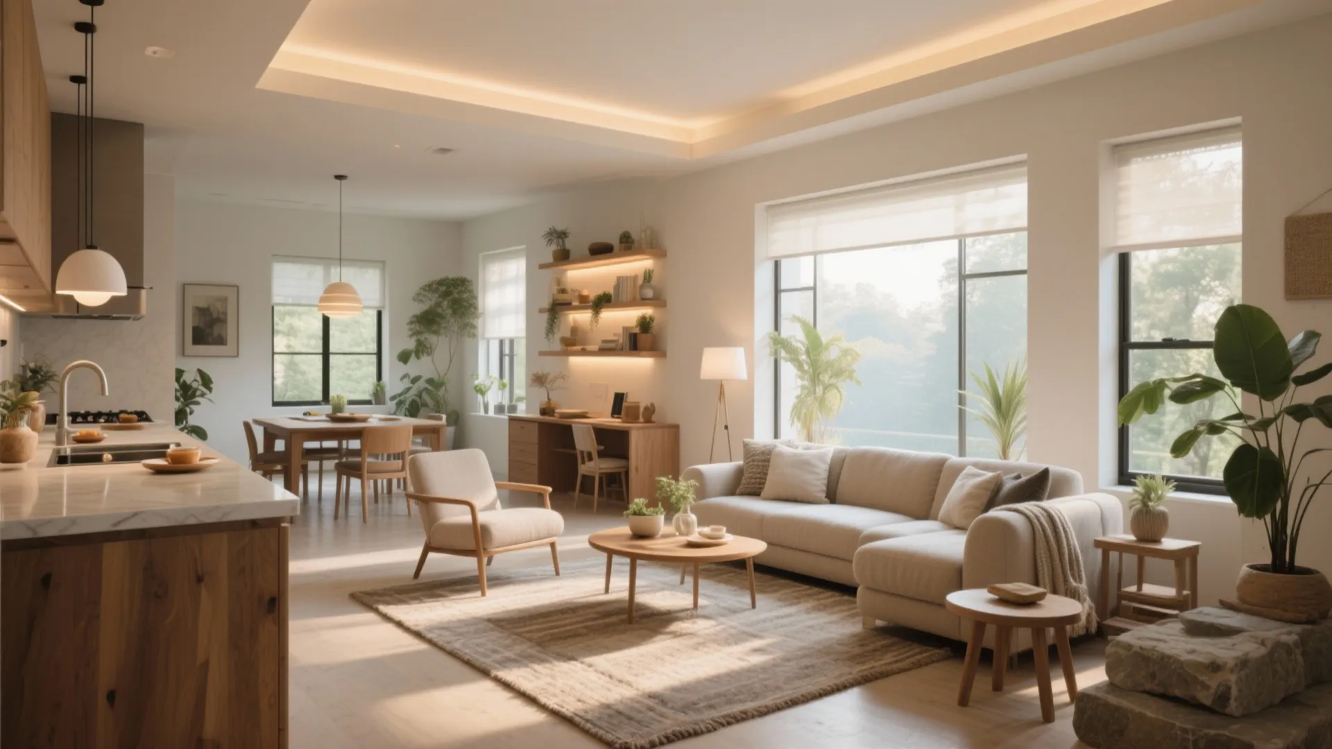 Modern warm living room with beige sofa wooden furniture indoor plants large windows and ceiling lights