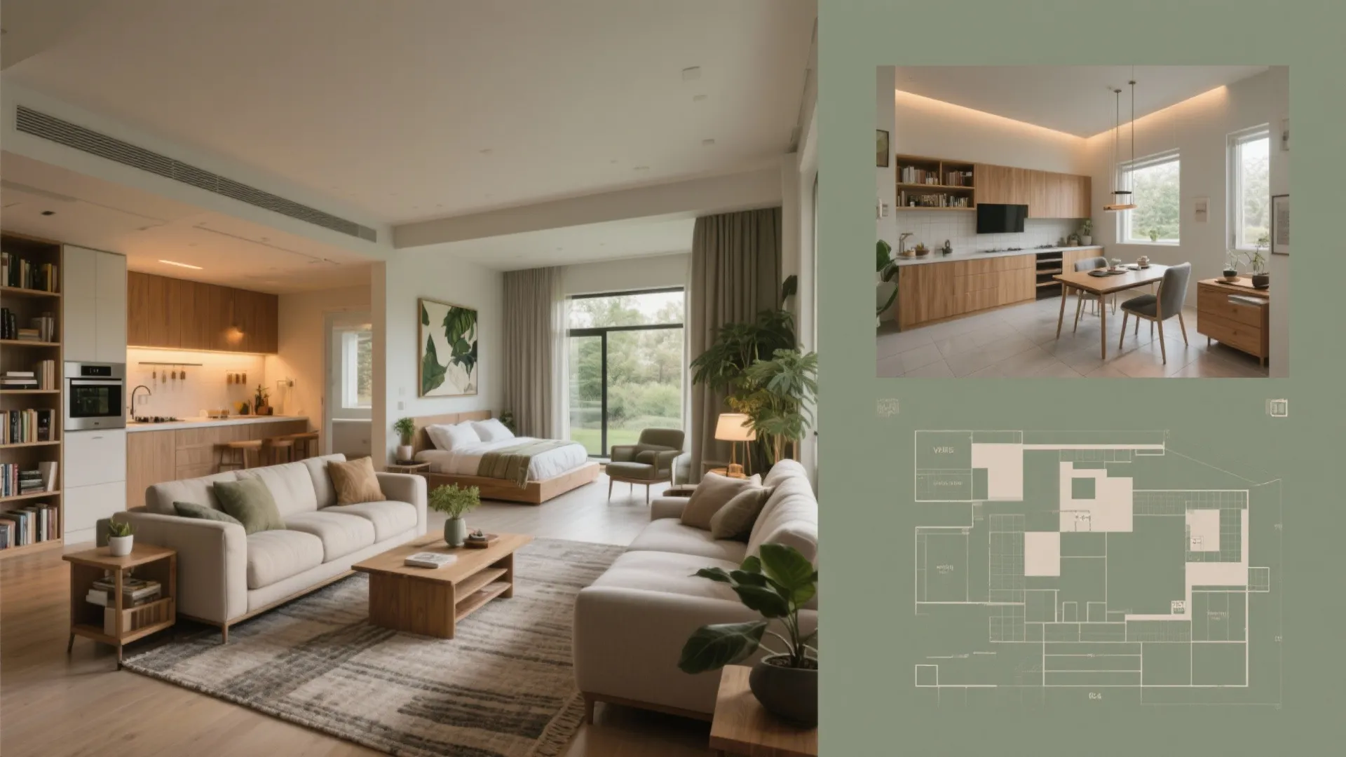Modern open apartment with living area bedroom kitchen dining room and detailed house floor plan drawing