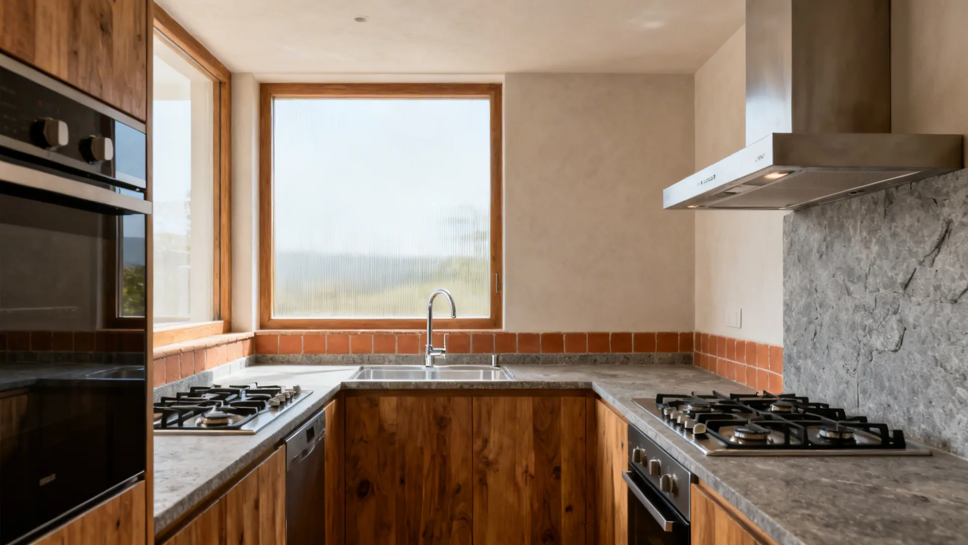 Compact kitchen showcasing southeast and east stove options, buffer zones, and proper hood.