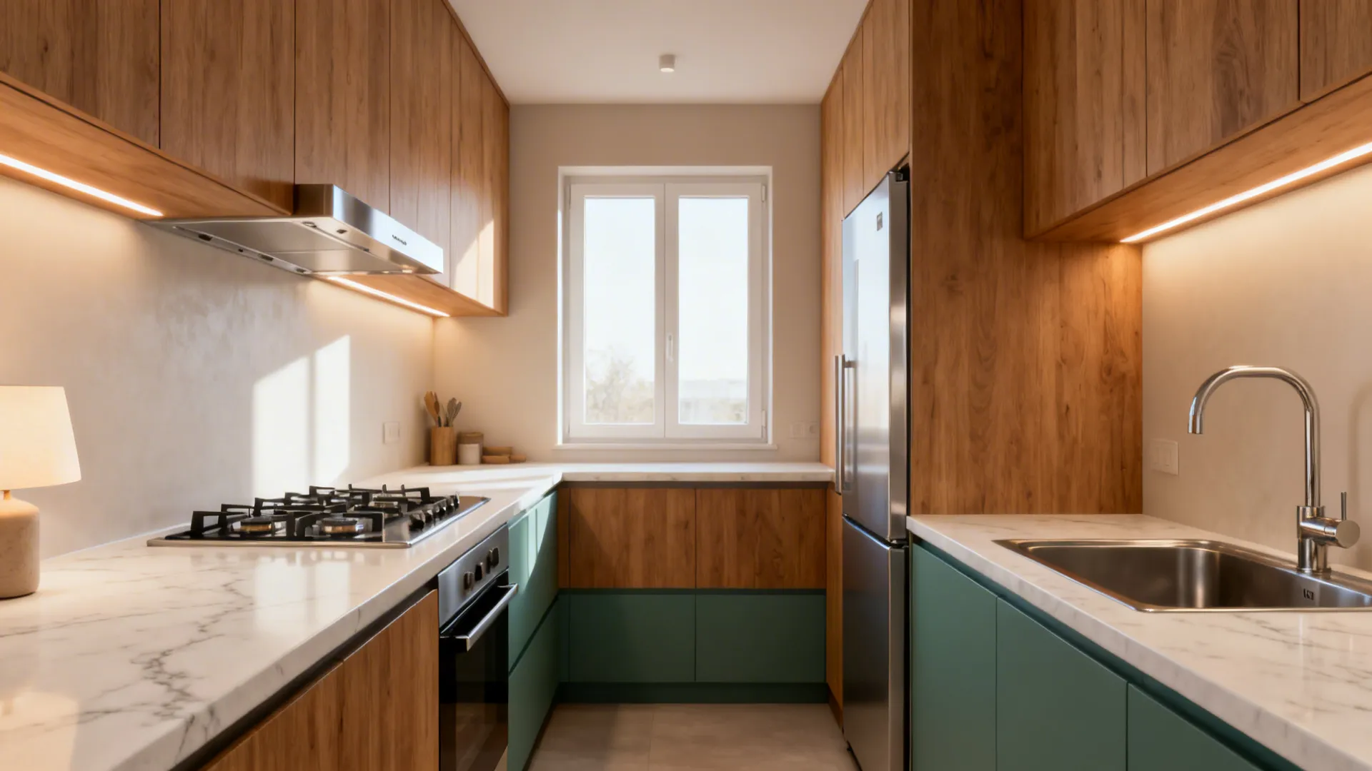 Modern kitchen with wooden cabinets green lower cupboards white marble counters and a large bright window