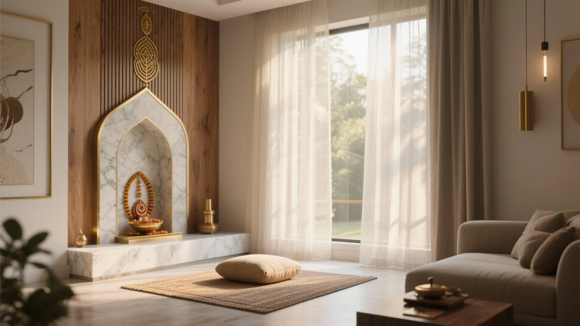 Modern prayer room with marble wall feature wood paneling soft rug floor pillow and natural light