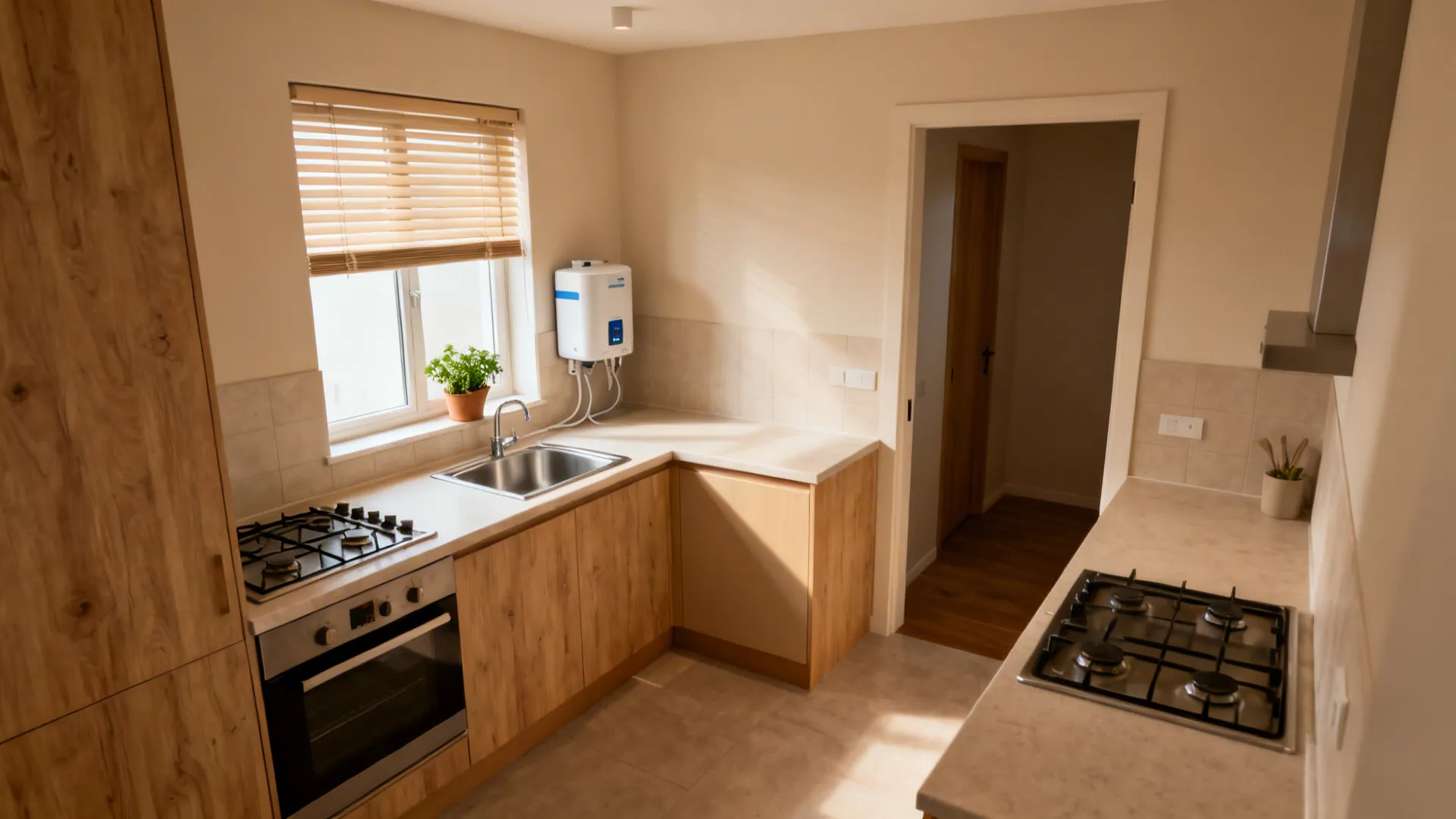 Vastu-focused kitchen with cooktop in southeast and sink in northeast under a bright window.