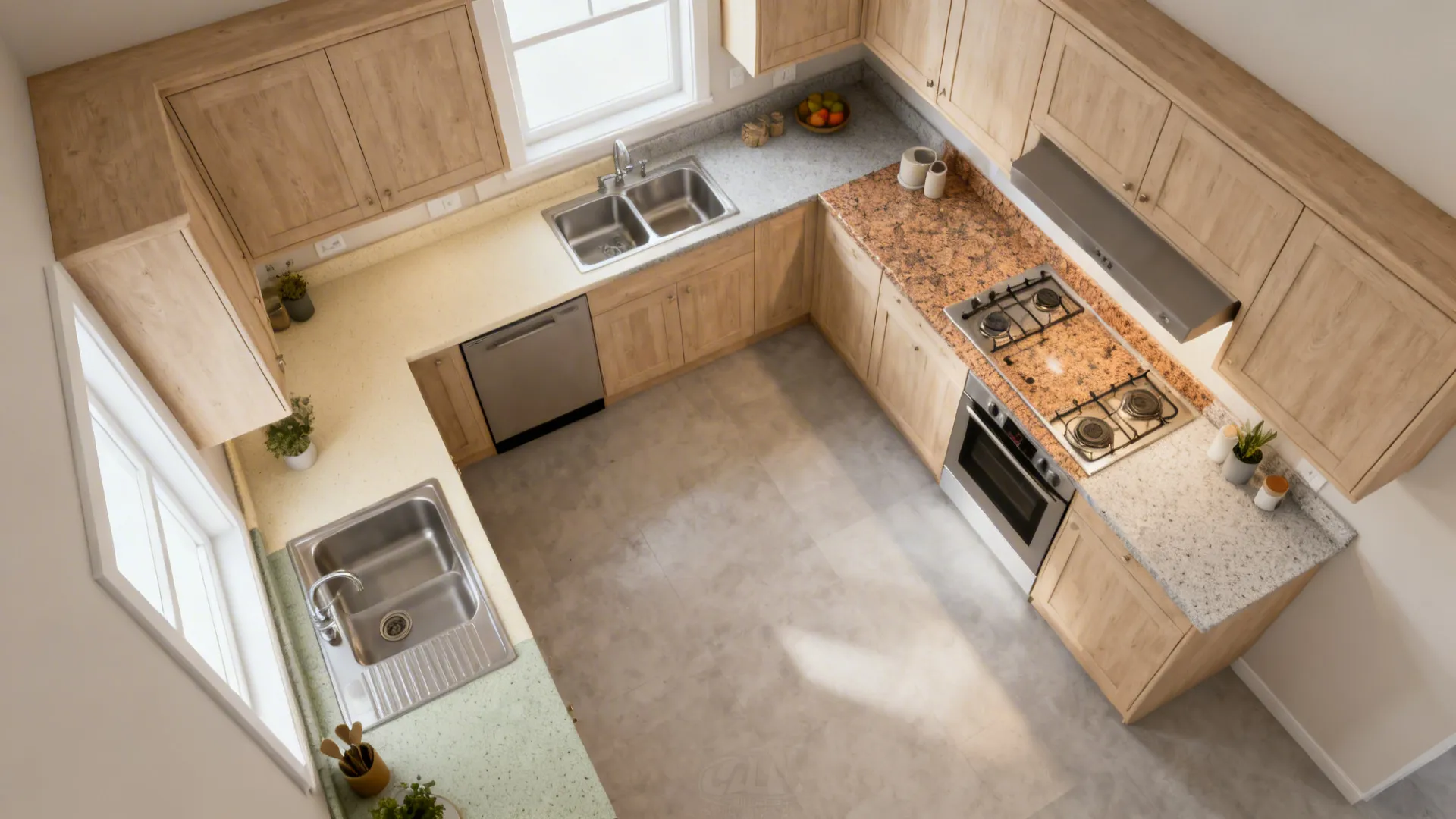 Top view of a room layout showing wooden cabinets with sinks and a gas stove