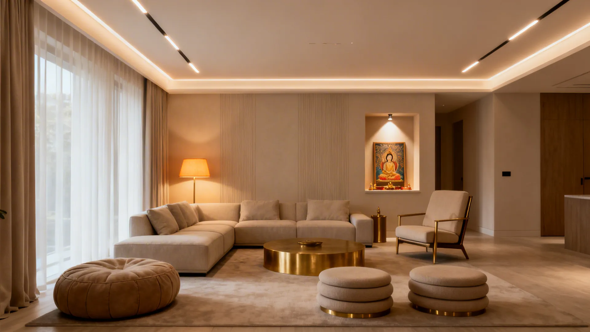 Vastu-aware living room with layered warm lighting, poufs, nesting stools, and a supportive chair