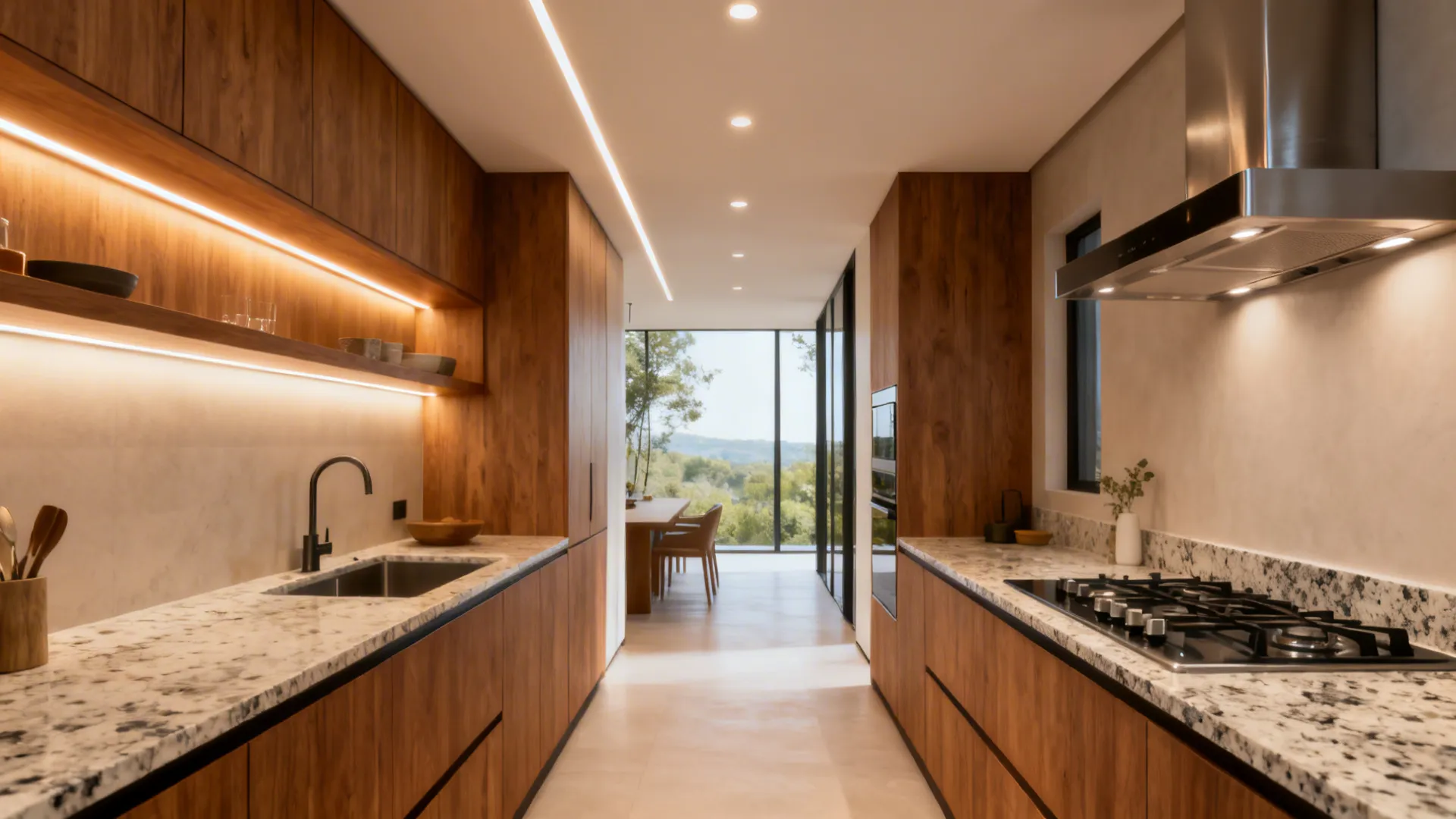 Kitchen with layered lighting and a ducted hood near the southeast cooktop amid soft daylight.