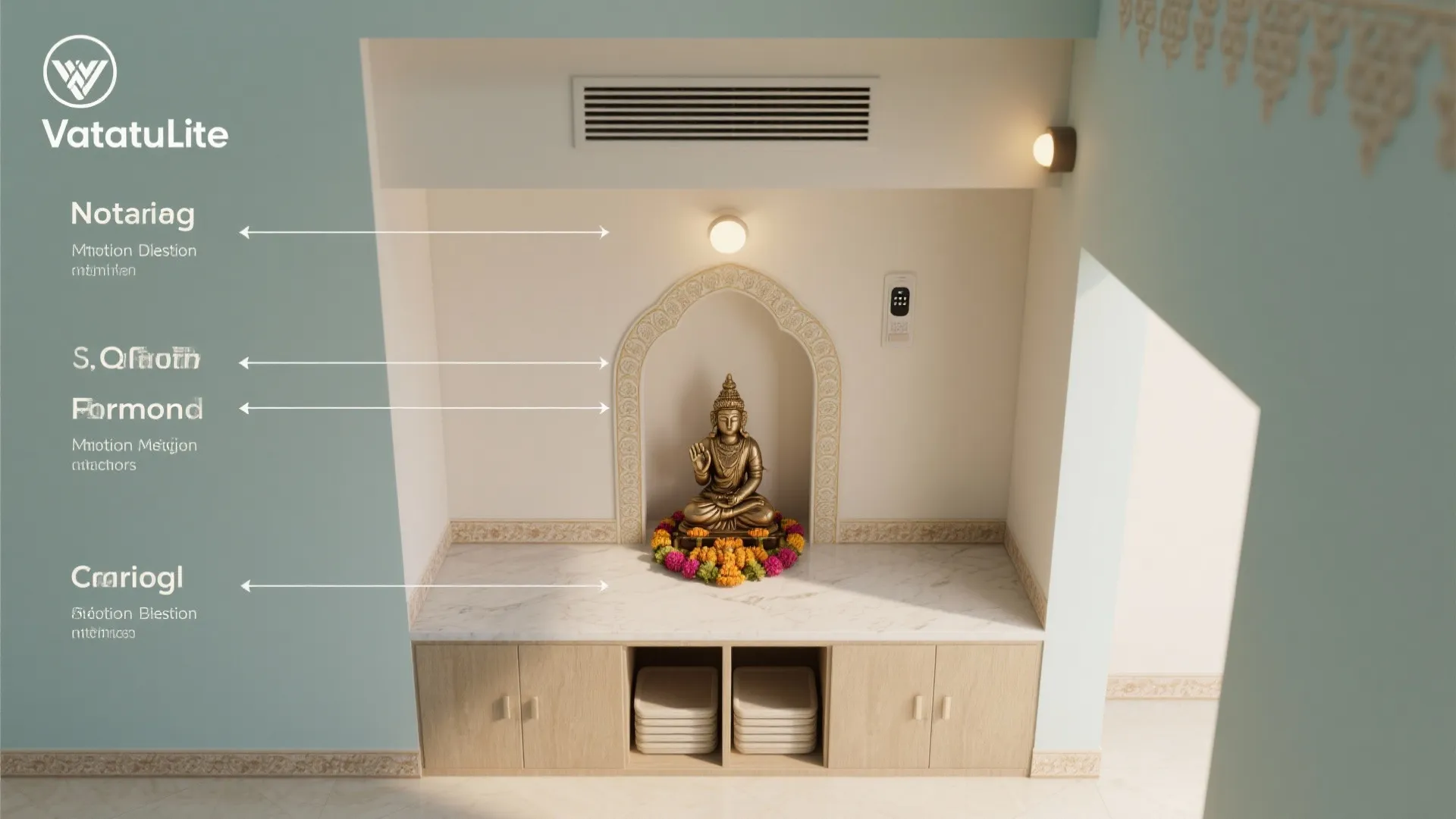 Information diagram showing features of a prayer room with a gold statue and storage cabinets