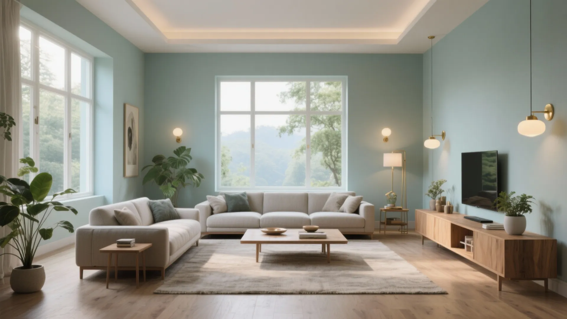 Modern living room with light blue walls white sofas wooden coffee table and wall lights