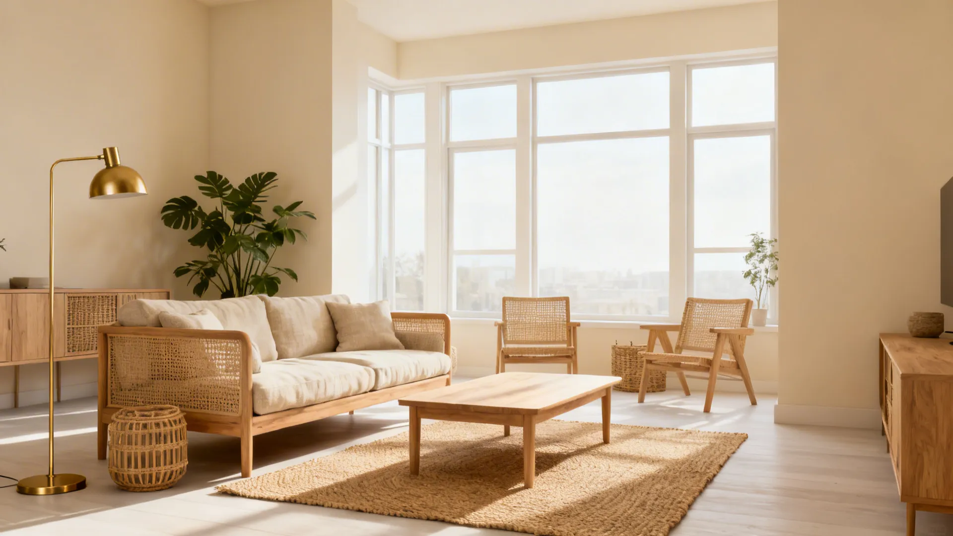 Minimalist living room with beige sofa wooden coffee table two rattan chairs and large floor lamp