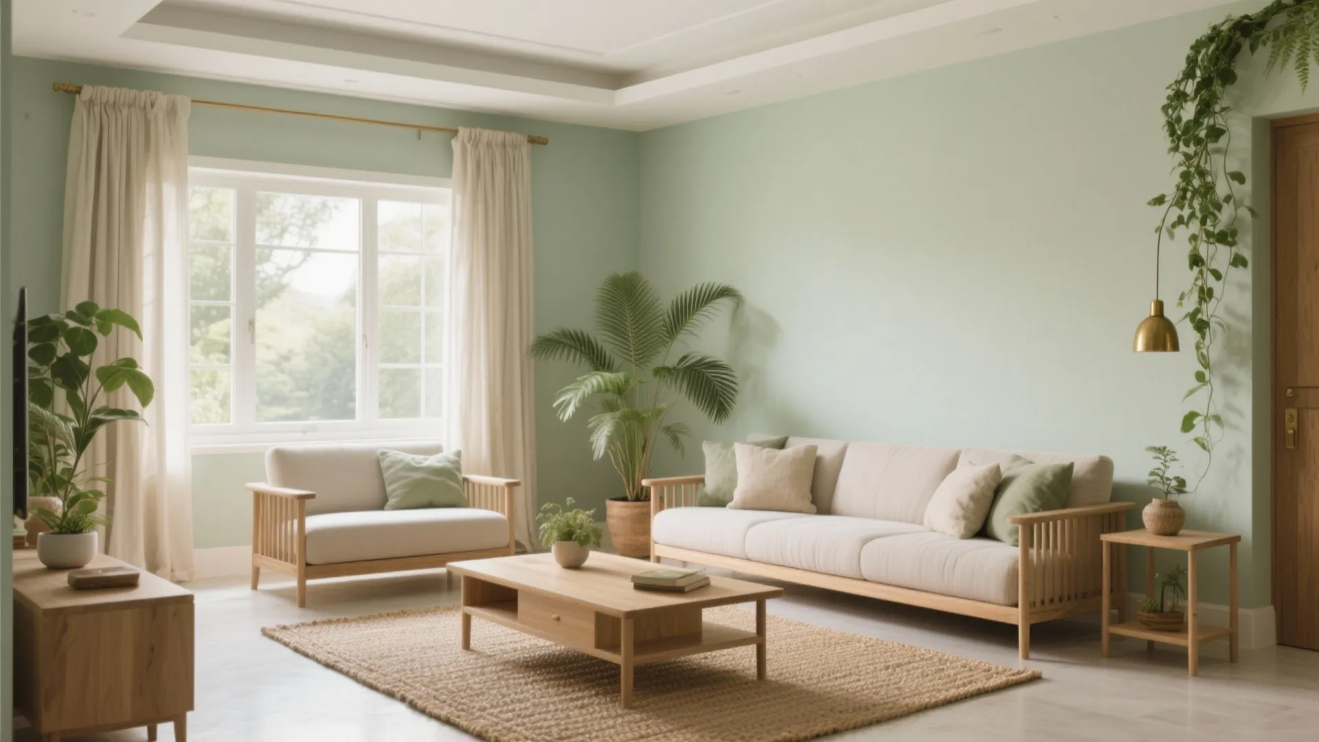 Bright living room with light green walls wooden furniture beige sofas green plants and natural light