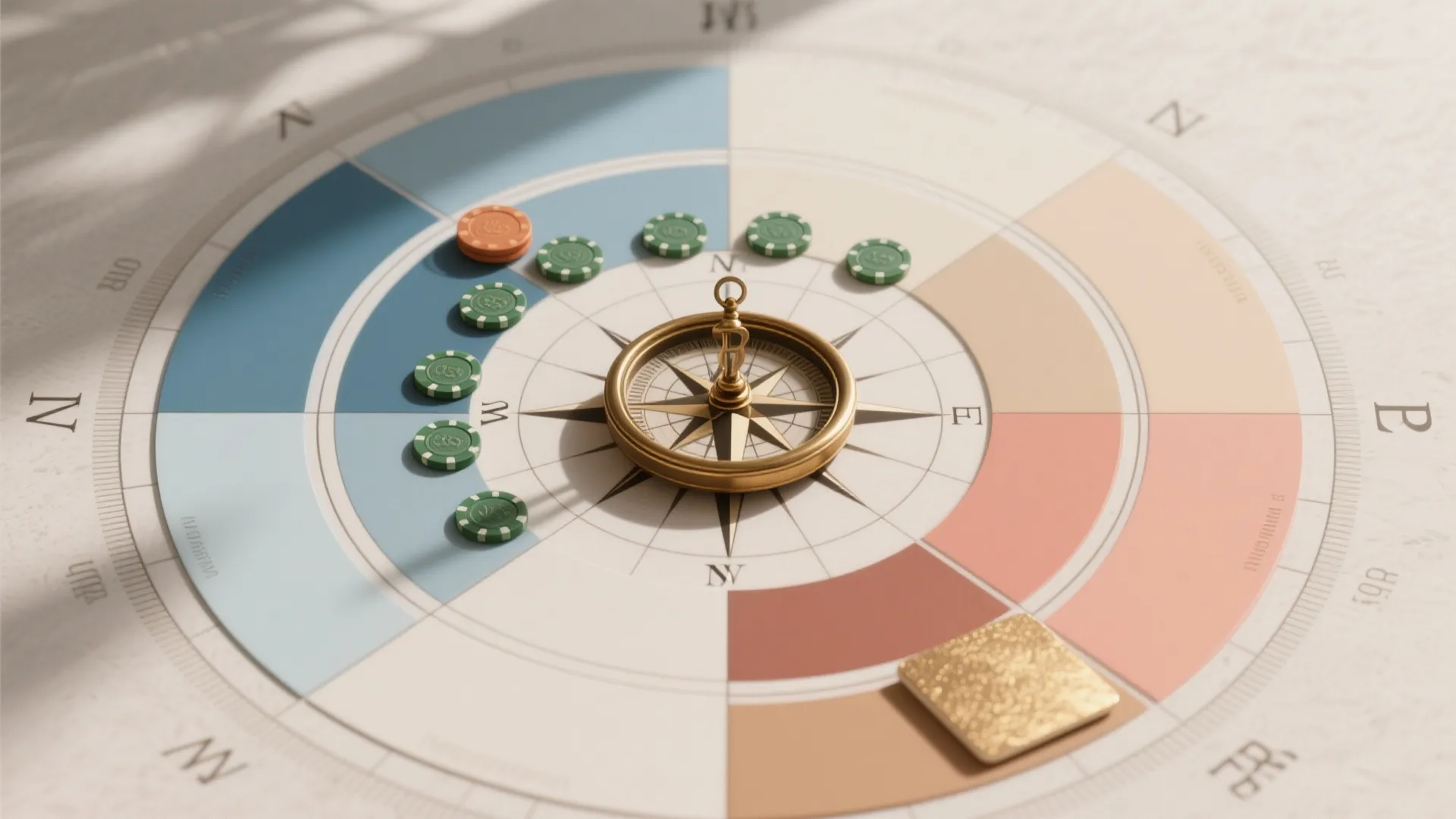 A round compass map with colorful sections and small green markers for room layout planning