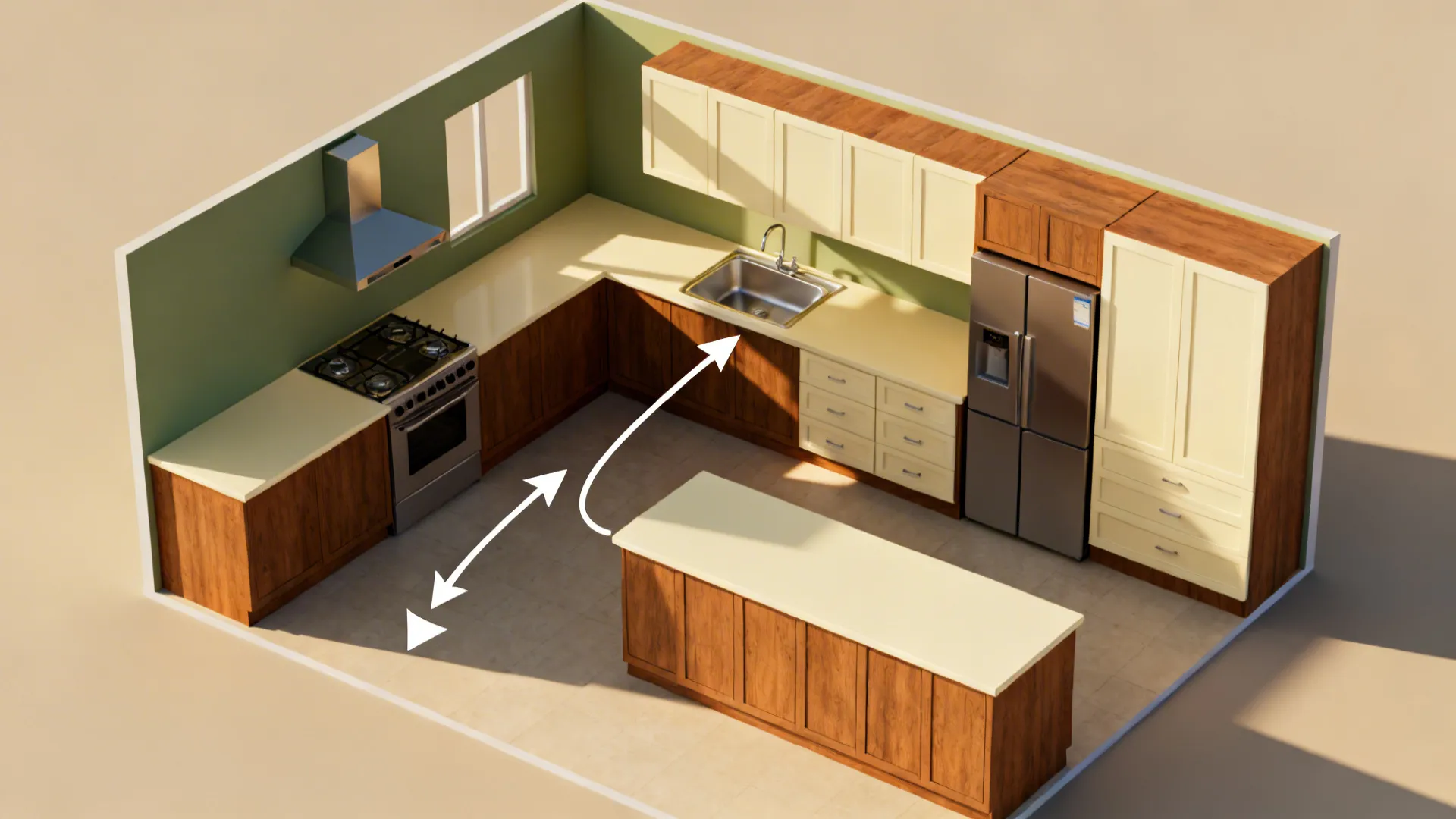 Top-down compact kitchen Vastu map with southeast cooking and northeast water and cooling.
