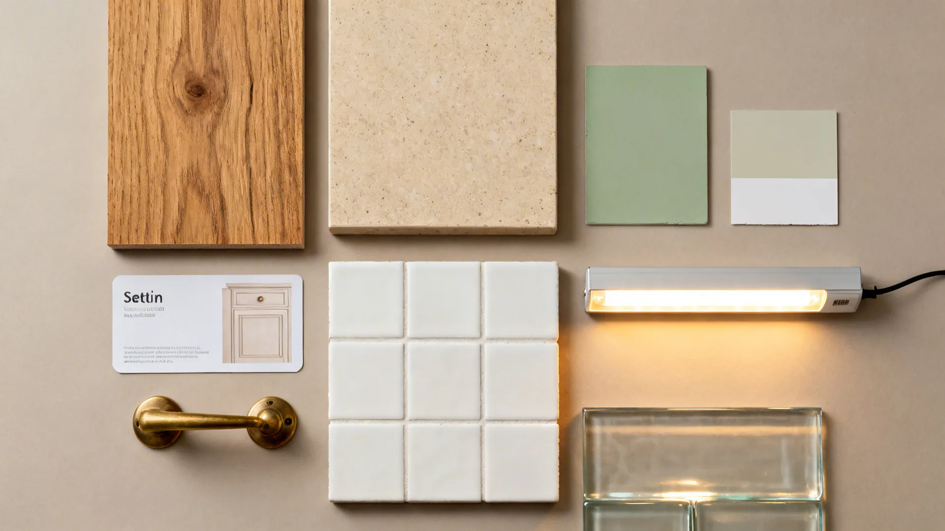 Flat lay of warm timber, matte beige stone, sage accents, off-white tile, satin finishes, and glass backsplash.