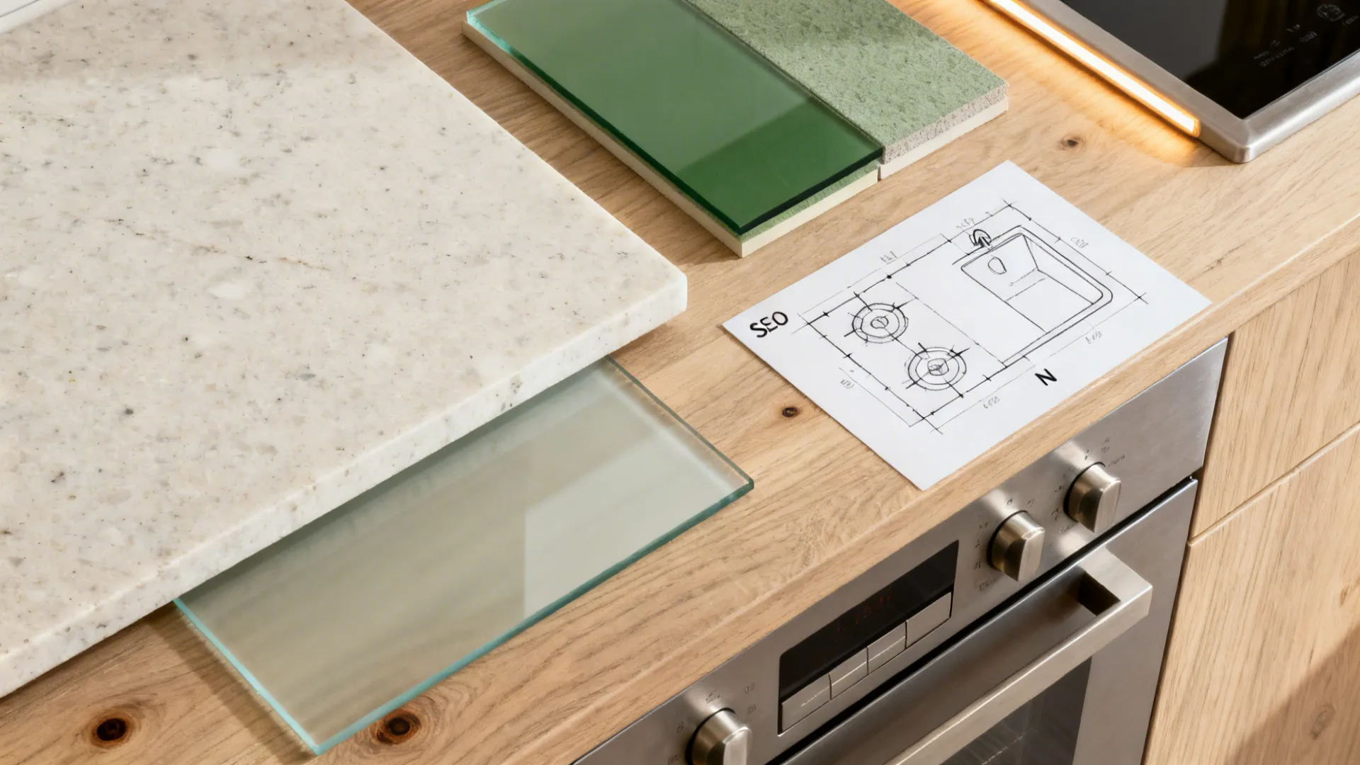 Flatlay of pale quartz, satin glass, light oak, brushed steel hardware, and warm LED strip with zoning sketch.