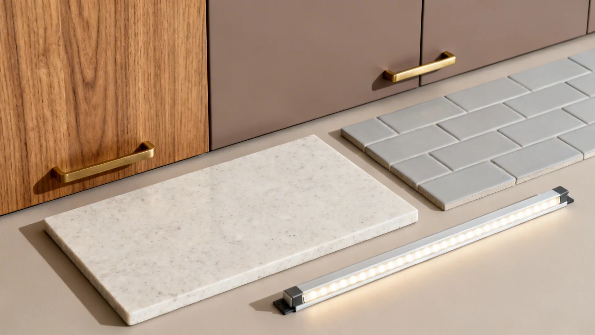 Flatlay of warm wood, matte cabinet finish, light quartz, brass hardware, and grey tile.