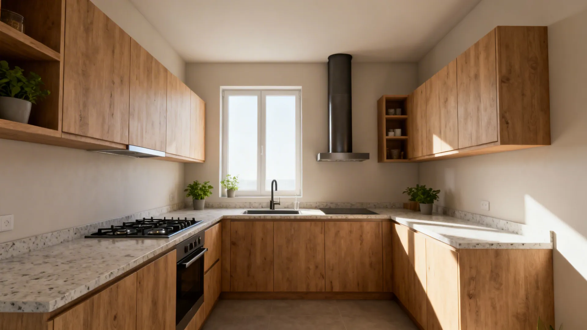Compact kitchen with hob on the southeast and sink toward the northeast, emphasizing Vastu orientation.