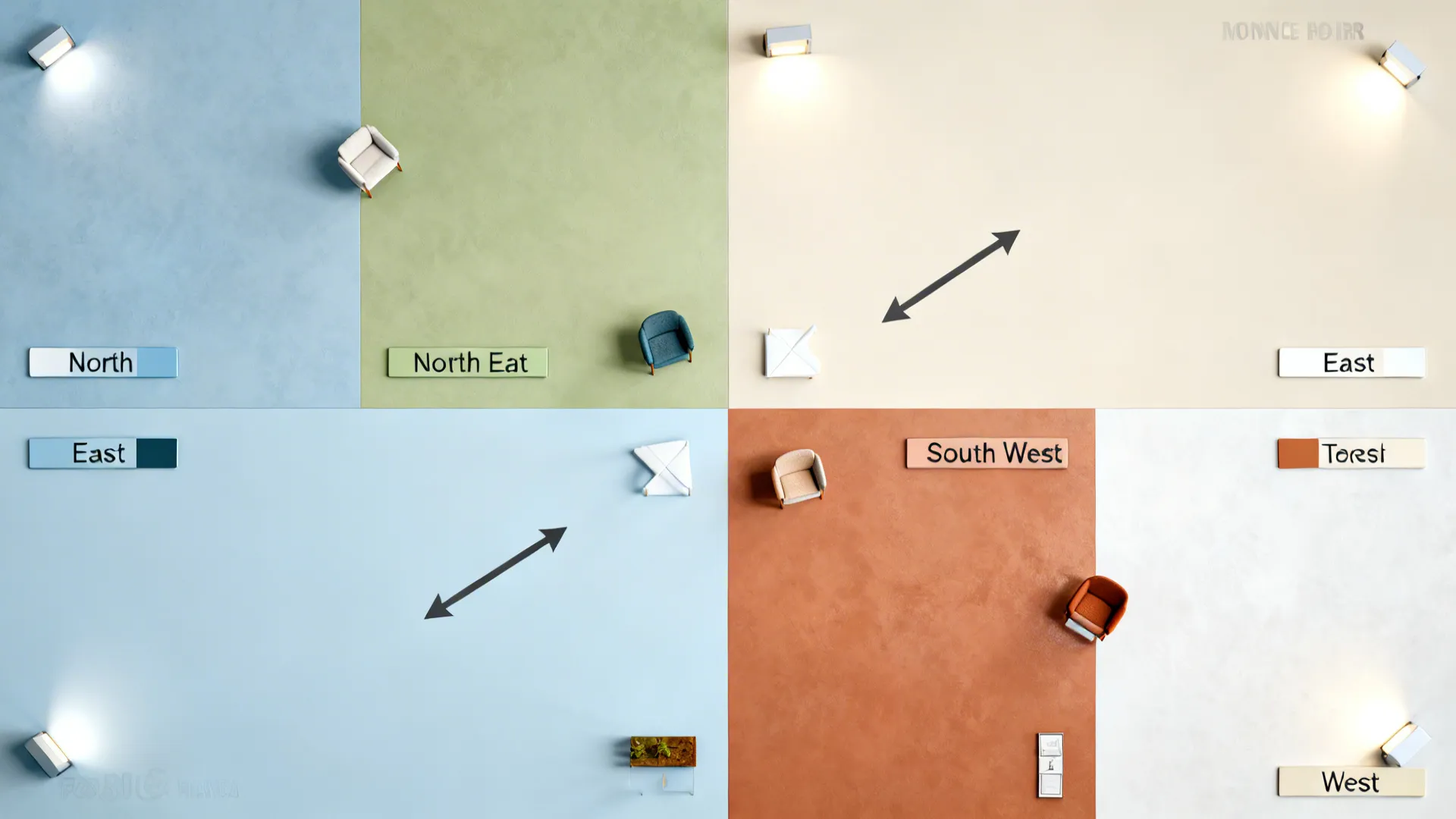 Top down room layout diagram showing different color zones with directional labels and small furniture pieces