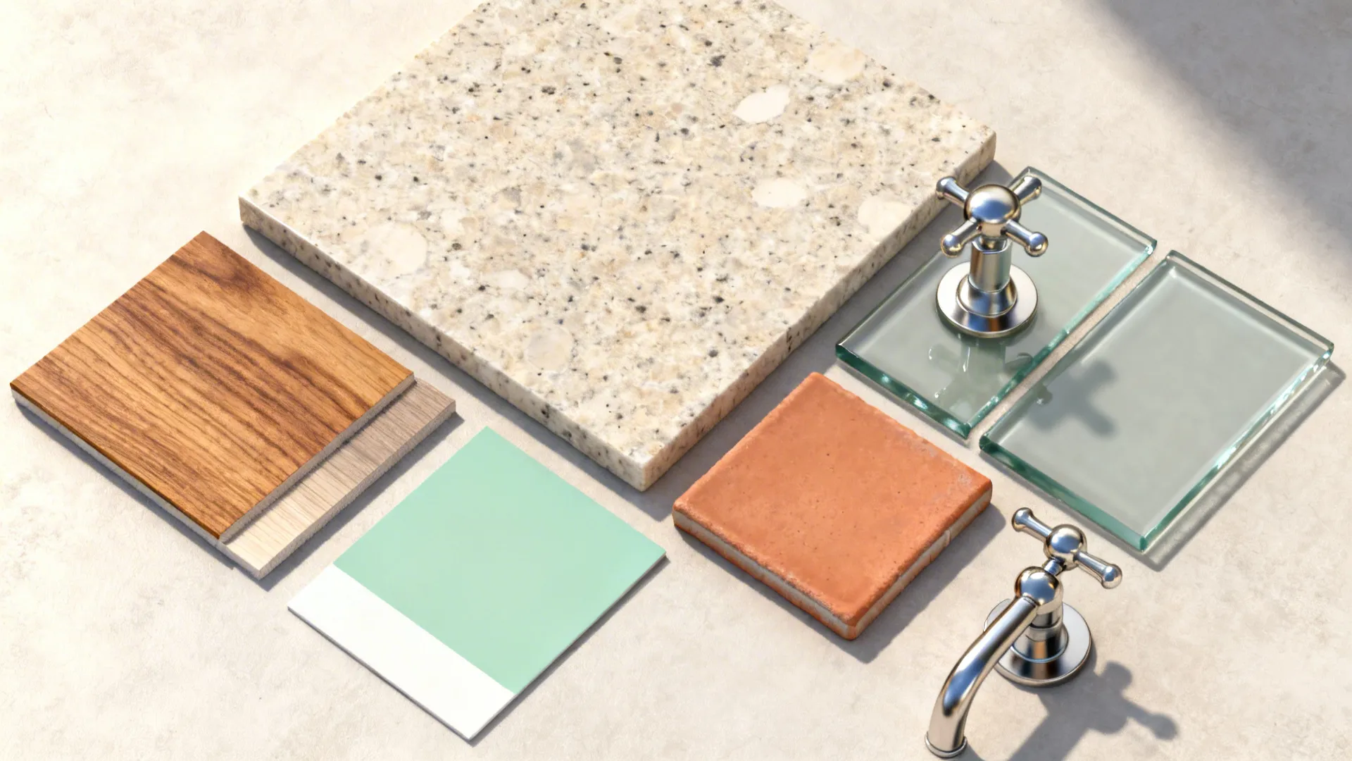 Flat lay of warm wood, mid-tone quartz, mint green, terracotta, and matte glass samples.