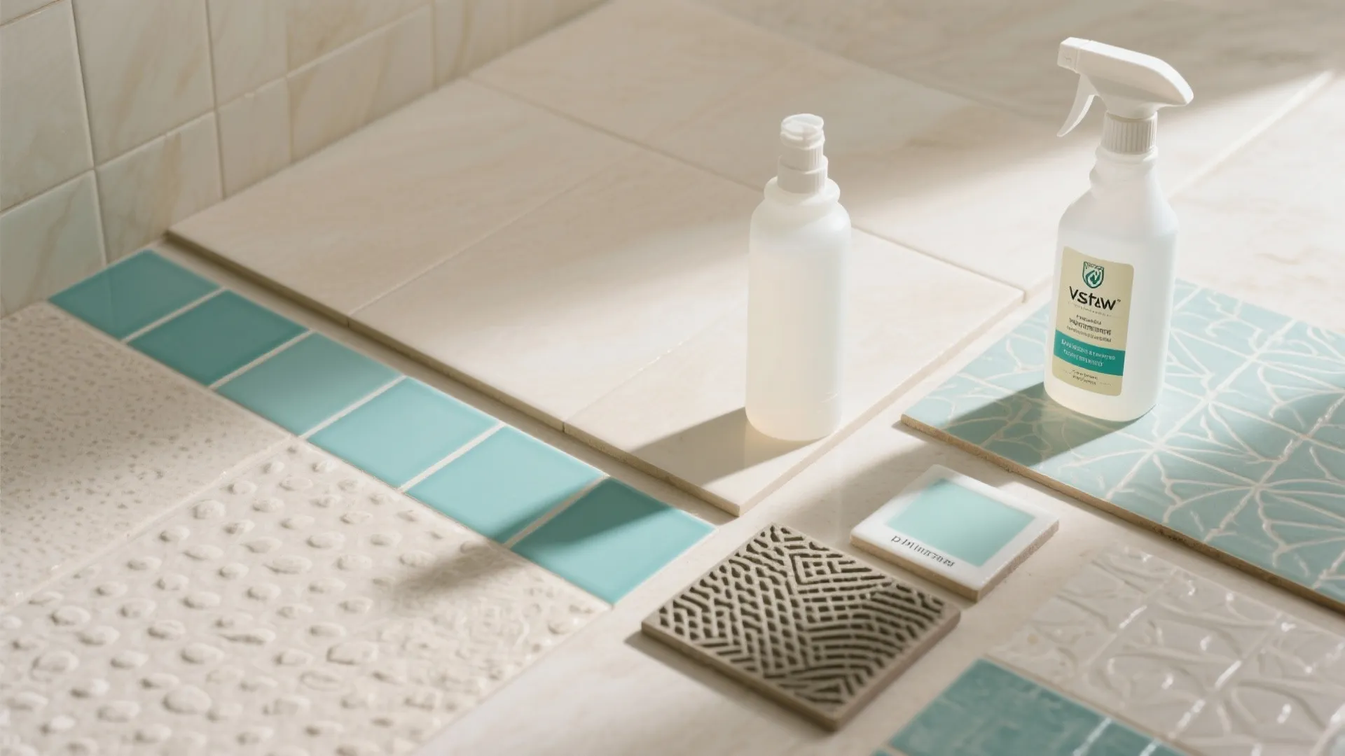 Selection of bathroom floor tiles in blue and white colors with cleaning spray bottle samples