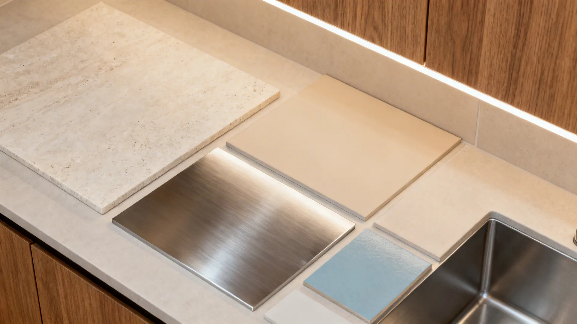 Flat lay of warm wood, neutral stone, brushed steel, matte tile, and cool accent samples for Vastu zones.