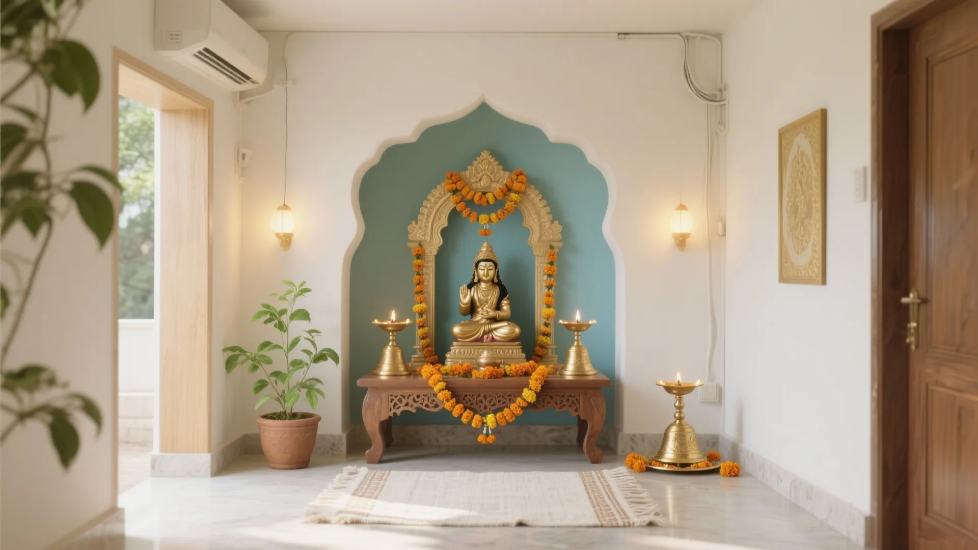 Prayer room featuring a gold statue on a wooden table with flowers and wall lights