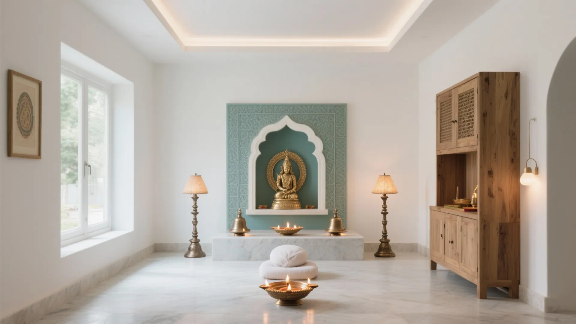 Peaceful meditation room with golden statue, white walls, marble floor, wooden cabinet, and floor lamps