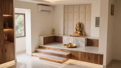 Modern Indian Pooja Room Design with Marble and Wood